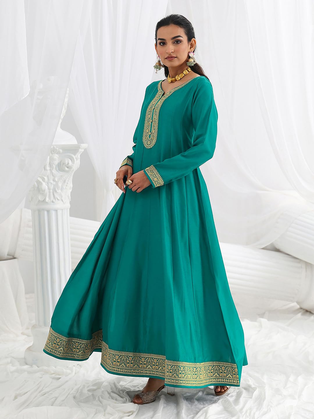 Libas Embroidered Silk Blend A-Line Ethnic Dress with Dupatta-93606M