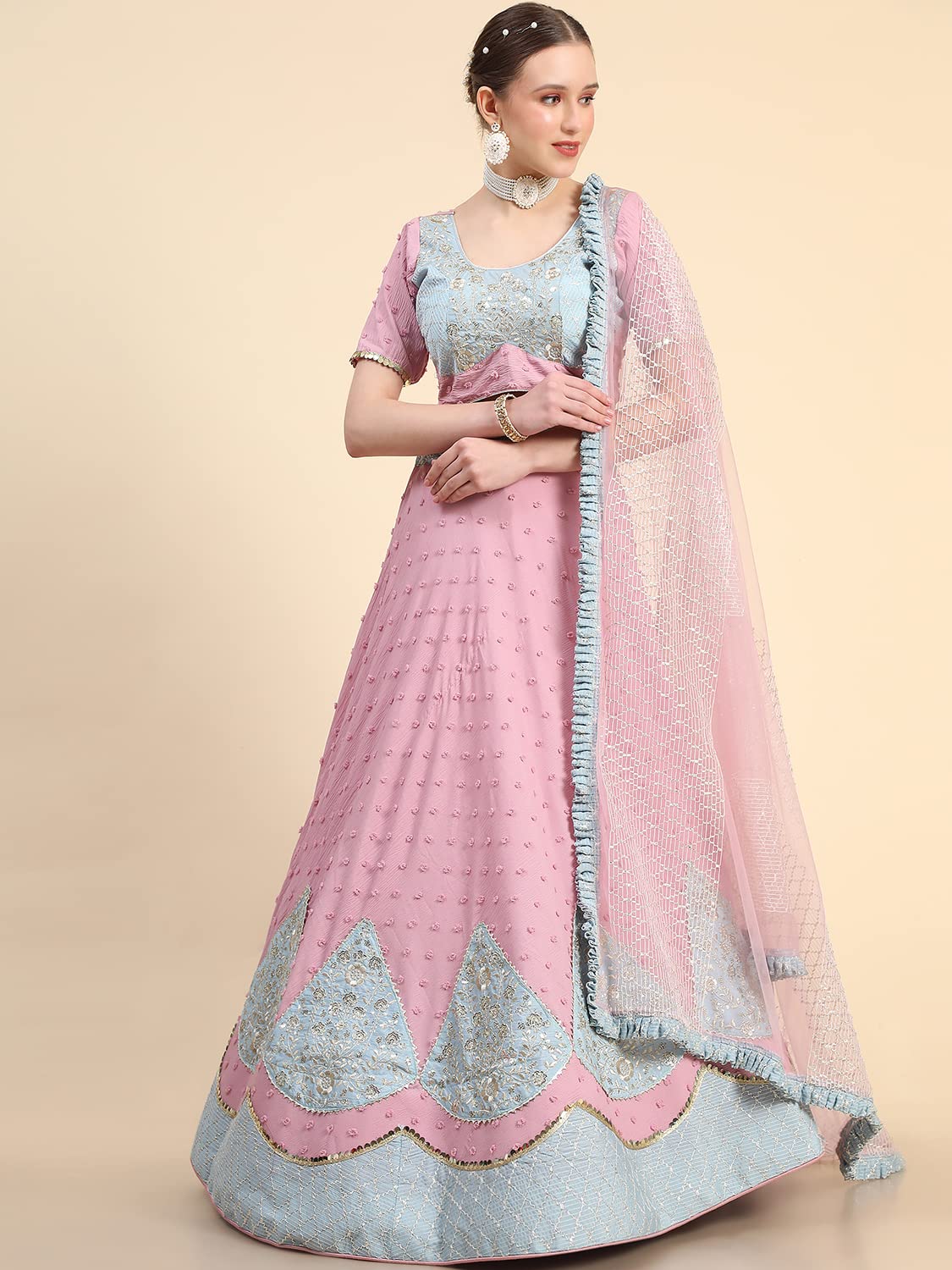 leeza store Women's Pink Georgette Silver Sequins & Zari Patch Work Flared Lehenga Choli With Dupatta