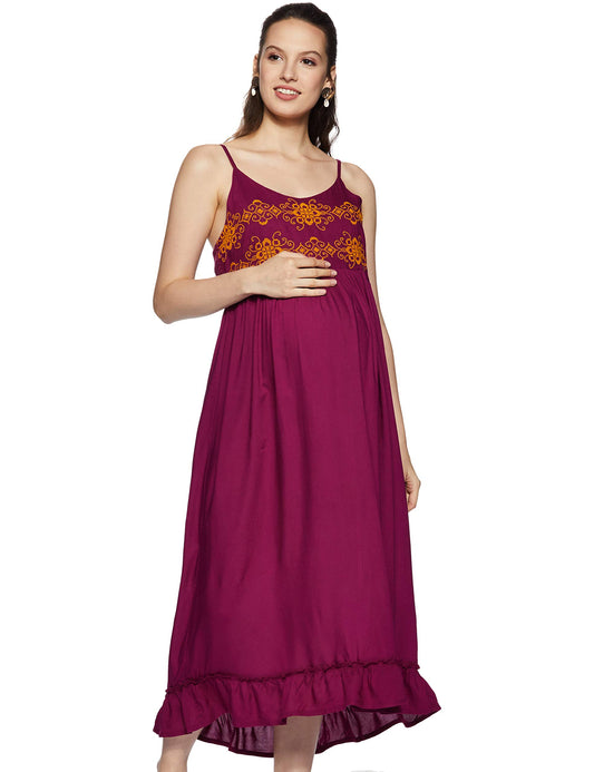MomStory Women's Rayon Pleated Maxi Dress (MDRF501823_Wine_XL)