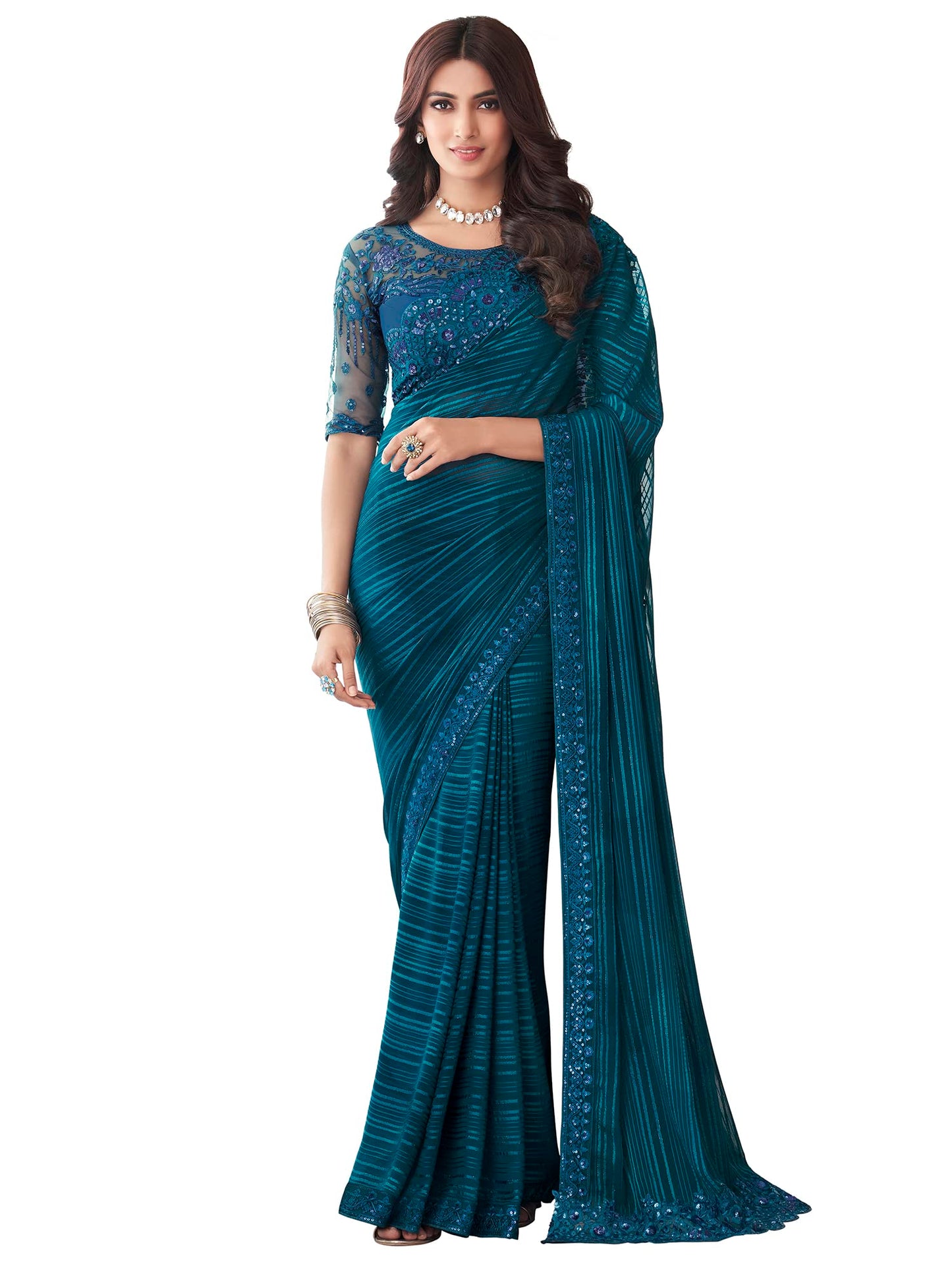 AKHILAM Women's Georgette Embellished Designer Saree With Blouse Piece (Teal blue_SILVER27010_TFH)