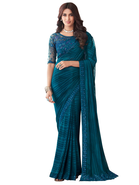 AKHILAM Women's Georgette Embellished Designer Saree With Blouse Piece (Teal blue_SILVER27010_TFH)