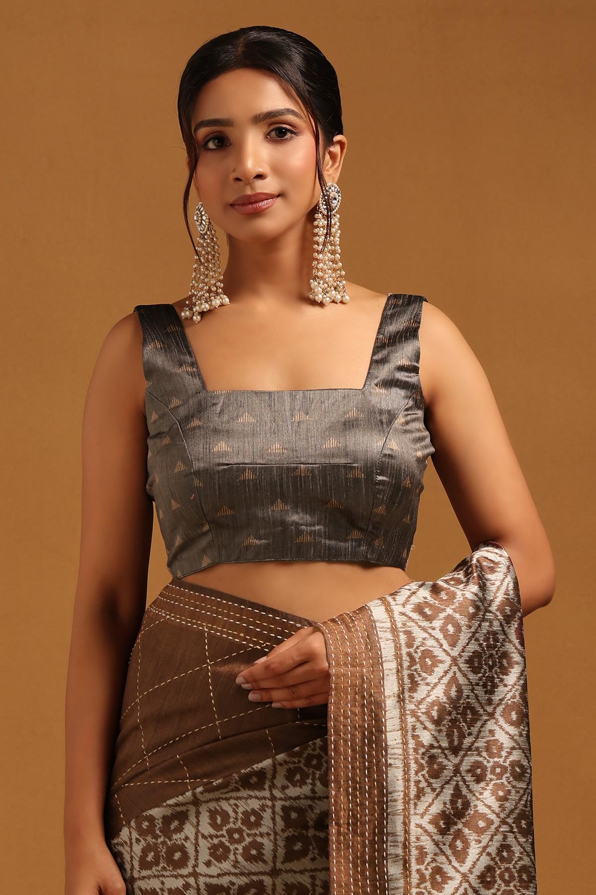 Soch Womens Brown Tussar Geometric Saree With Kantha Embroidery