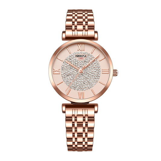 NIBOSI Stainless Steel Women's Analogue Wrist Watch - Rose Gold Dial With Stylish Diamond Studded Design for Girls, Ladies & Miss
