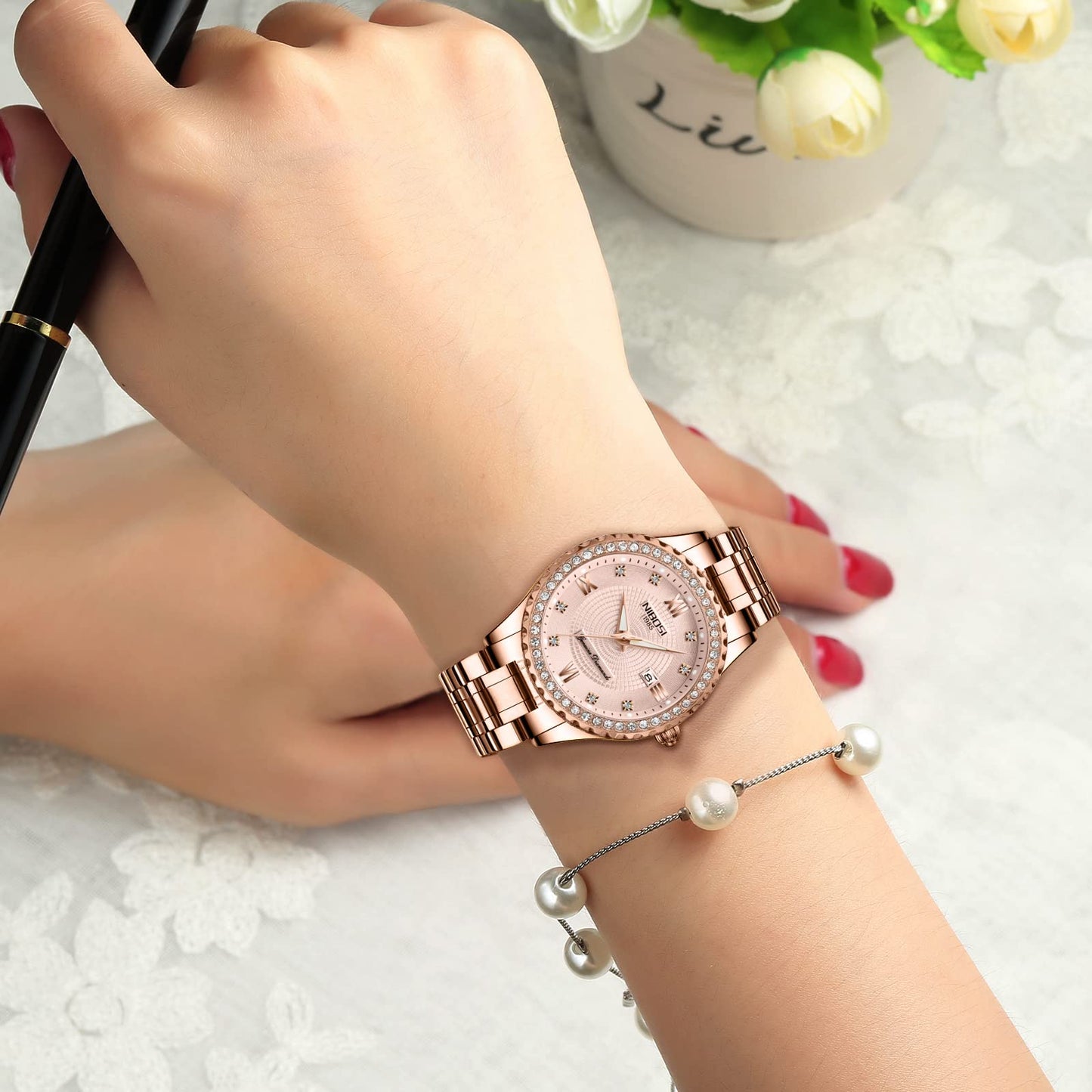 NIBOSI Women Watches Analogue Stainless Steel Wrist Watches Watches for Women's & Girls&Miss&Ladies Rose Gold Dial Gold Band Watch with Stylish Diamond Studded Watches