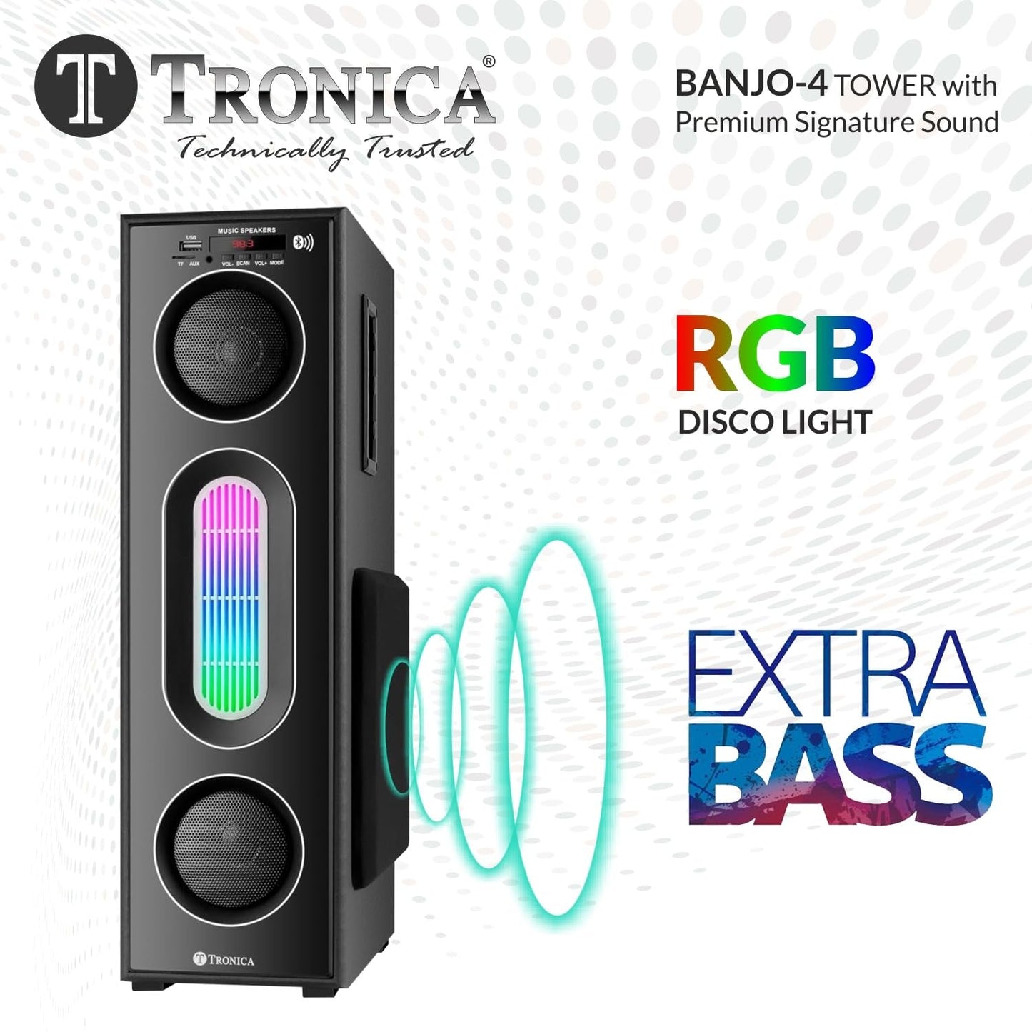 Tronica Banjo-4 Tower Bluetooth Speaker Deep Bass Home Theater with 50W Premium Signature Sound, Master Remote,RGB Lights and Free Wireless mic