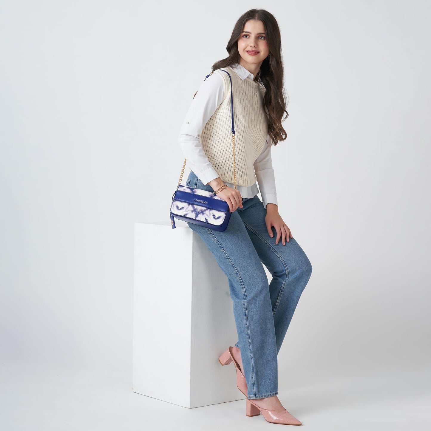 Caprese Shibori Medium Sling Bag for Women with Adjustable & Detachable Strap | Printed Faux Leather Shoulder Bag with Multi-Compartments | Zipper & Magnetic Button | Detachable Charm (Blue)