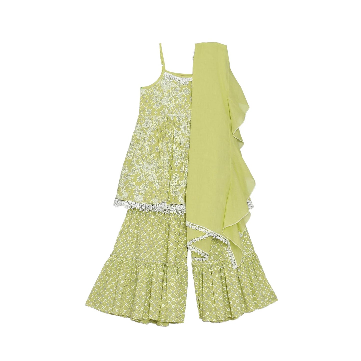 BIBA Girls PRINTED GATHERED KID(KWWHITE BLOOMS5767_GREEN_9)