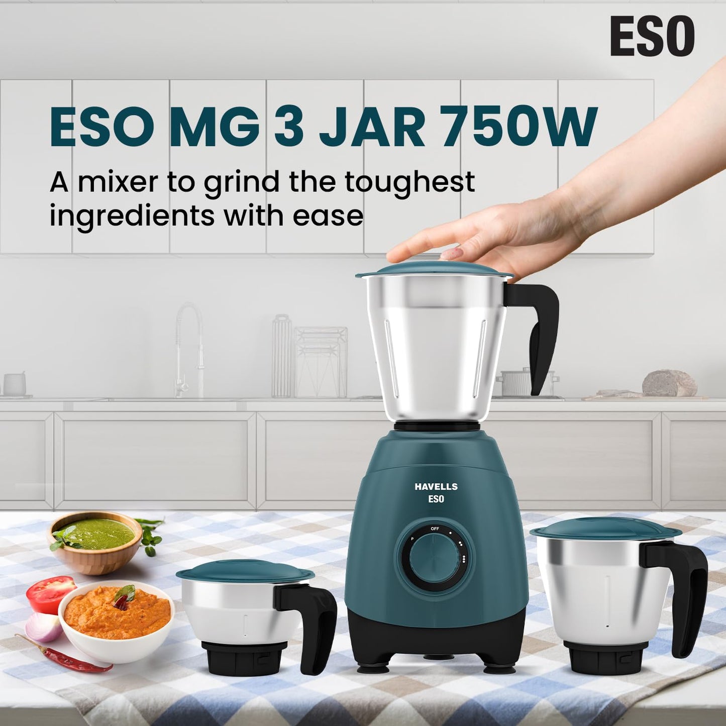 Havells ESO 750 Watt Mixer Grinder | 3 Stainless Steel Jars with Handles | 304 Rust-Resistant SS Blades | 21000 RPM High-Speed Motor | 5-Year Motor Warranty | Heavy-Duty Mixie (Teal)