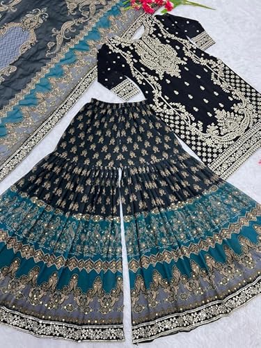 Brulry Women's Black Color Georgette Round Neck Knee Length straight Kurta With Sarara With Dupatta