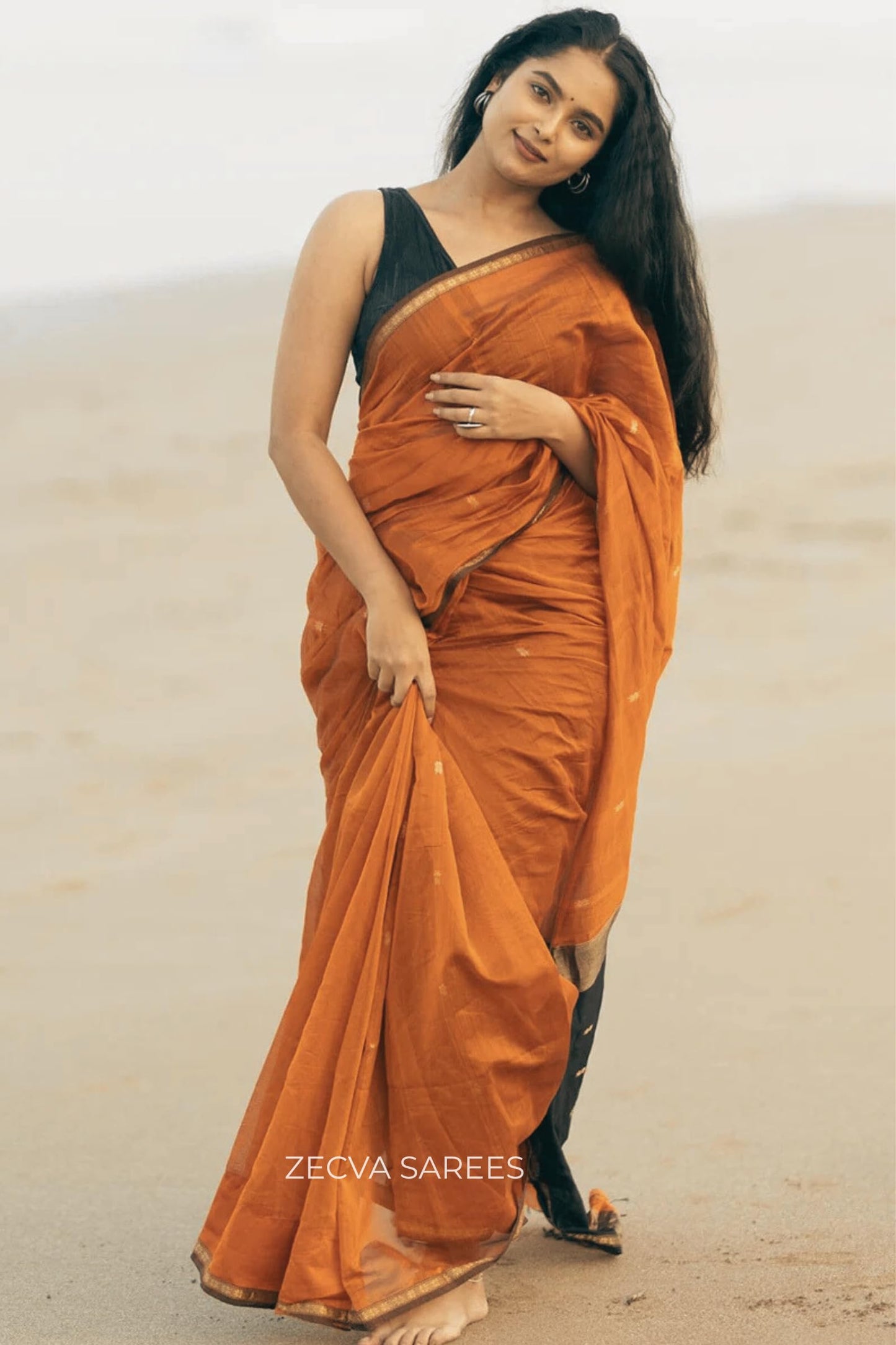 ZECVA Women's Pure Spun Linen Cotton Lichi Silk Saree With Attach Unstitch Blouse Piece (DARK ORANGE BLACK)