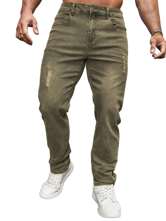 URBAN POCKETS Jeans for Men | Distressed Denim Pants with Slim Tapered Fit & Washed Look (Comfort-Tarry-Green-U06-32)