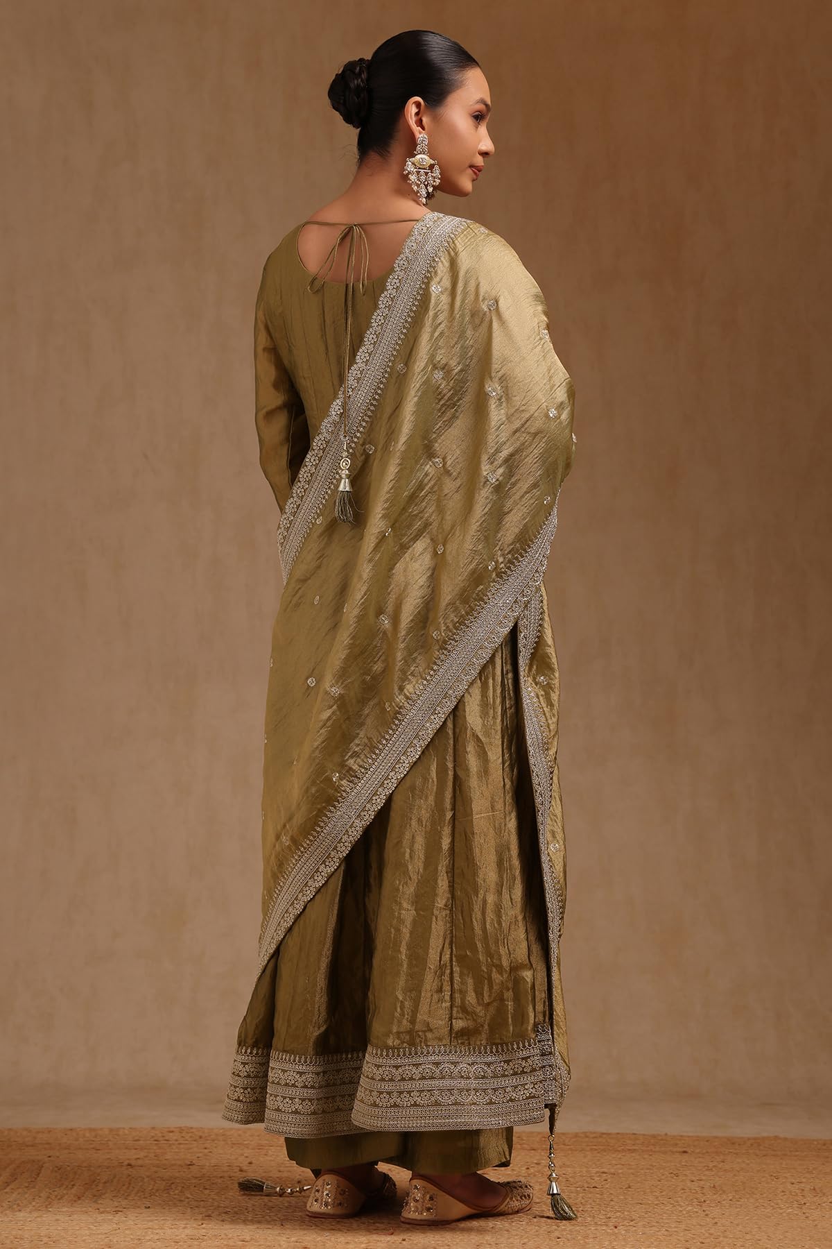 Soch Womens Olive Tissue Embroidered Salwar Suit With Sequins