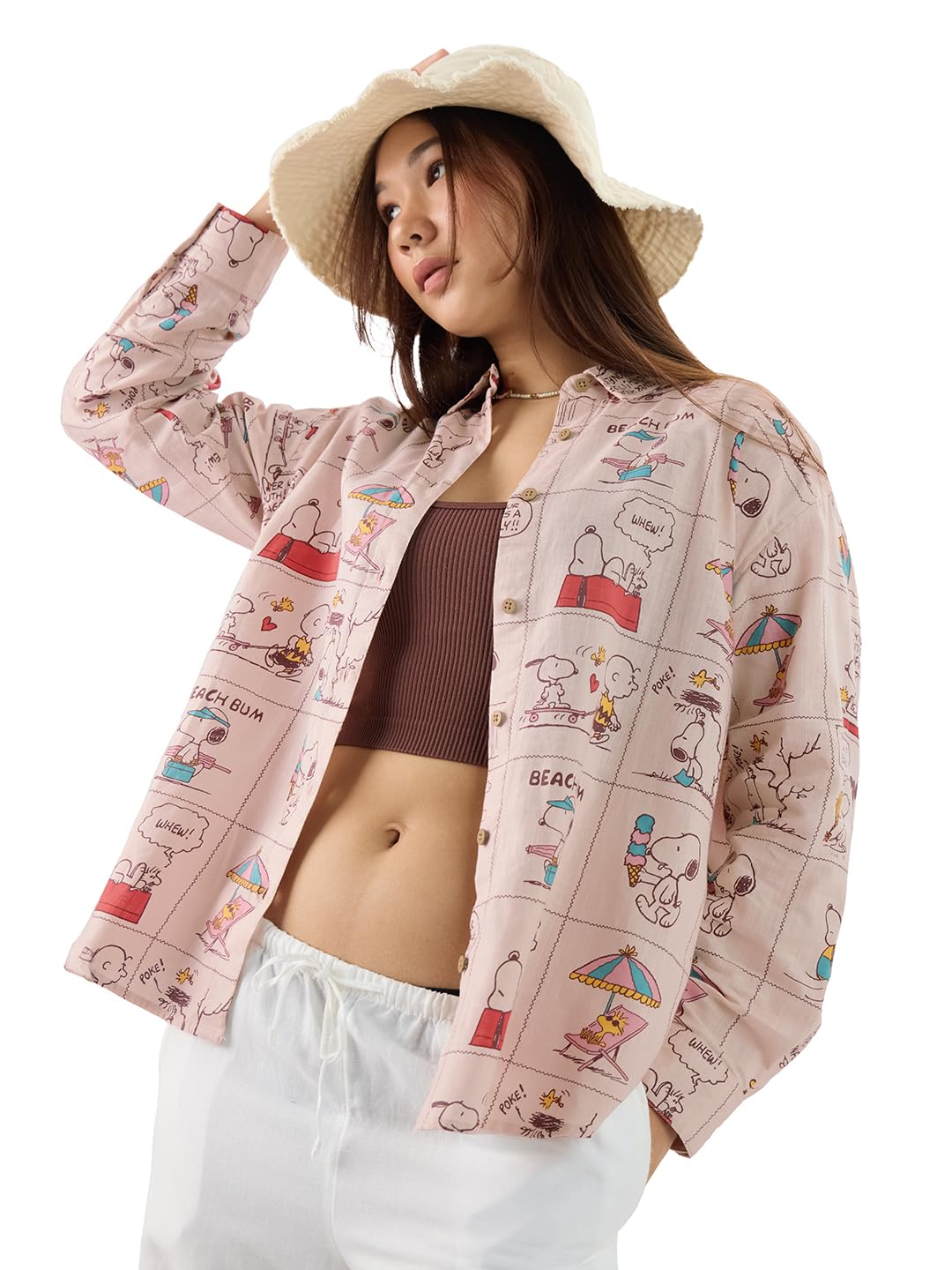 The Souled Store Official Peanuts: Beach Bum Women and Girls Long Sleeve Collared Neck Pink All Over Printed Cotton Boyfriend Shirts