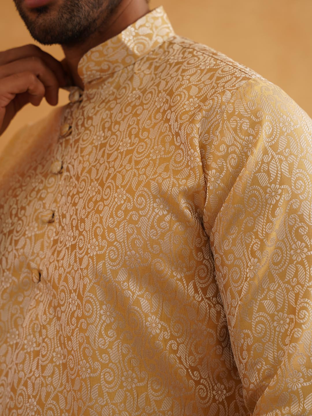 SOJANYA (Since 1958 Men's Silk Blend Gold Kurta & Off White Churidar Pyjama Set Size 44