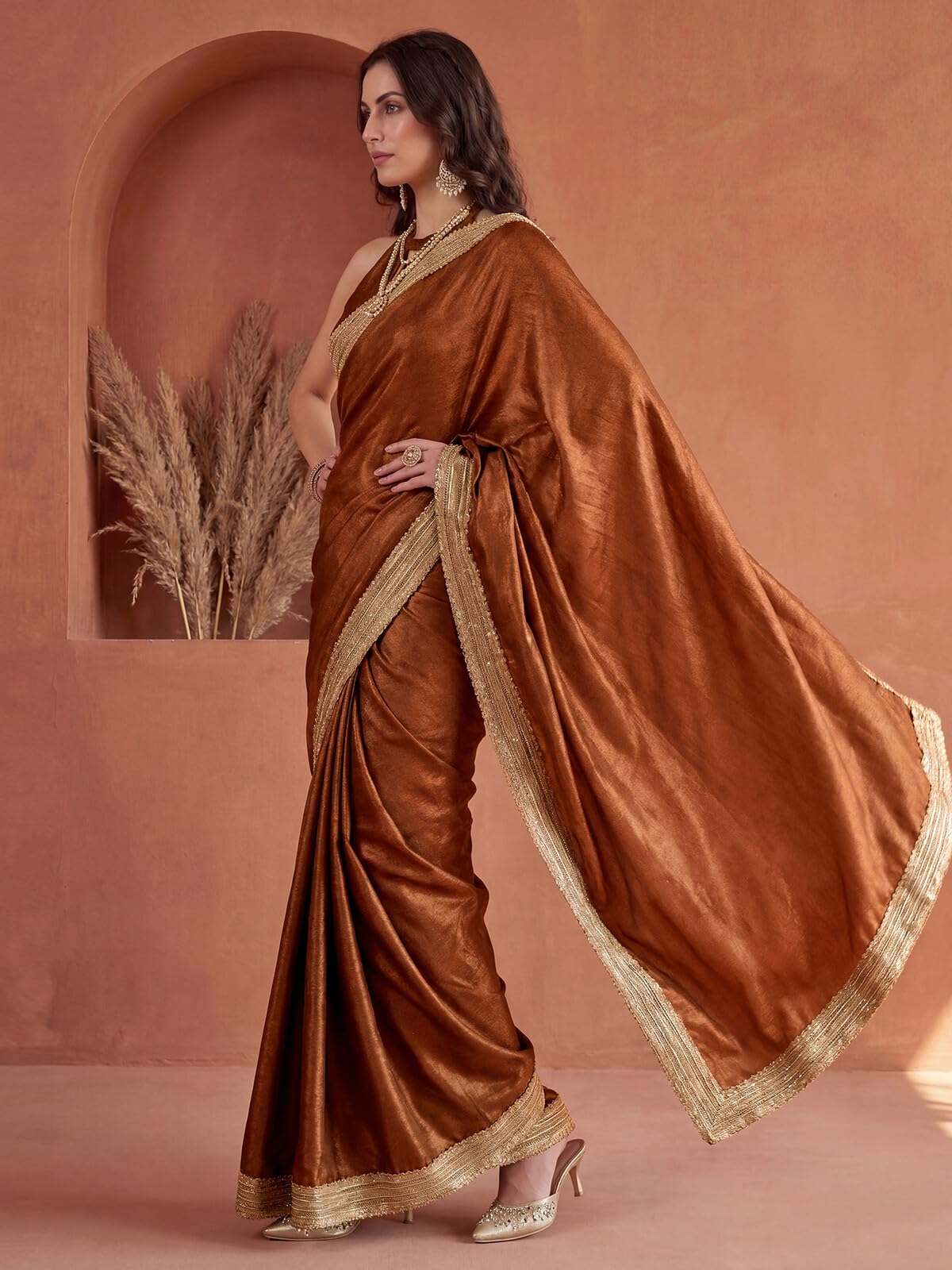SIRIL Women's Chinnon Silk Gota Lace Saree with Unstitched Blouse Piece (5016S194A_Copper)