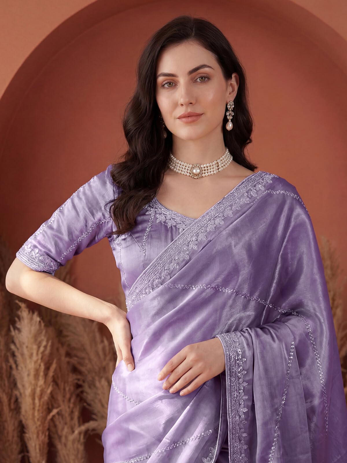 SIRIL Women's Tissue Silk Sequin Embroidery Saree with Unstitched Blouse Piece (4472S111A_Dusty Light Purple)
