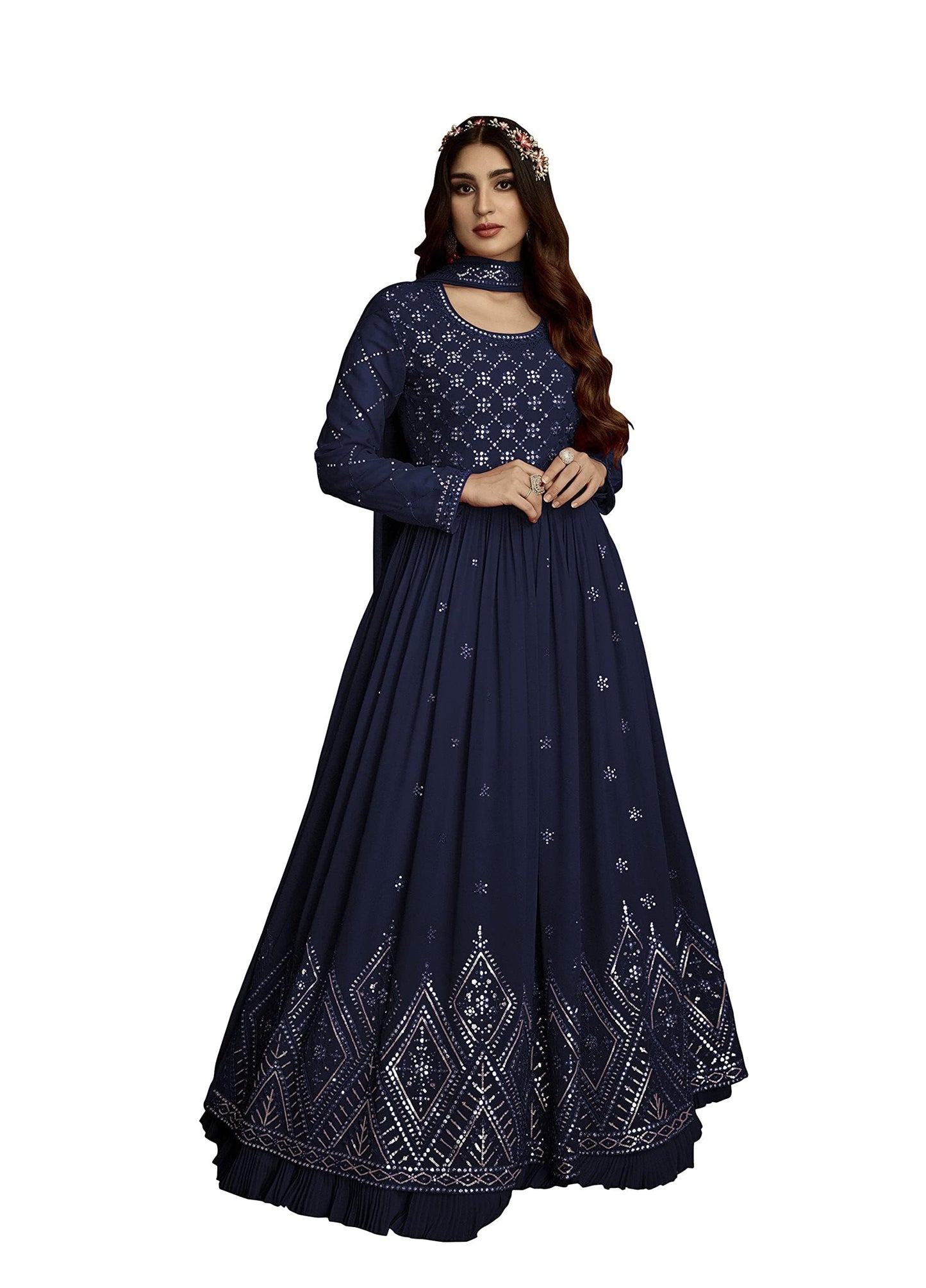 RUDRAPRAYAG Georgette Embroidered Free Size Maxi Anarkali Gown for Women (Navy Blue)