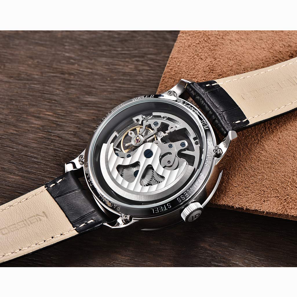Pagani Design Automatic Mens Watches Skeleton Mechanical Wrist Watch For Men Waterproof Genuine Leather Watchband Luxury Self-Winding Stainless Steel Analog Watch Collection (Blue Silver 1638)
