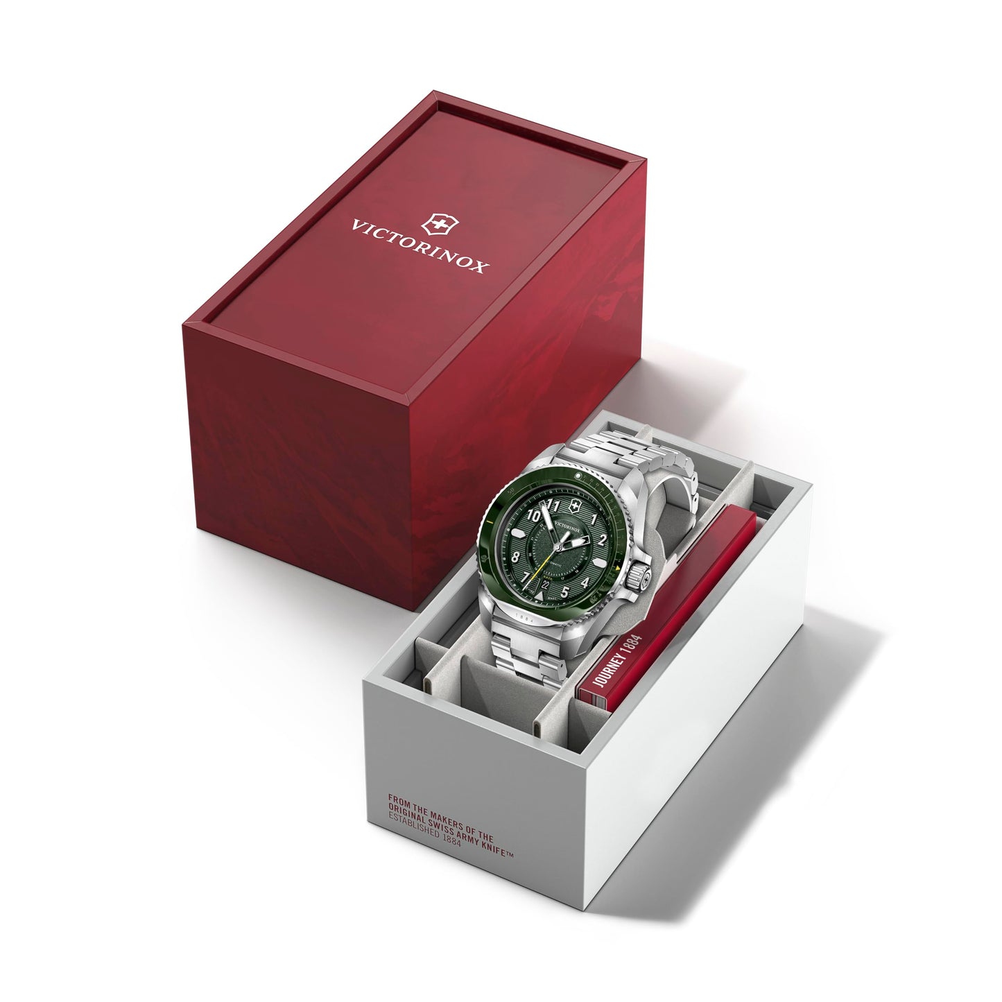 Victorinox Stainless Steel Journey 1884, Automatic Swiss Made Men's Analog Watch, Green Dial, 43 Mm, Water Resistant Up To 200 M, Sellita Sw 200-1 Movement, Wrist Watch For Men | 242015,Silver Band