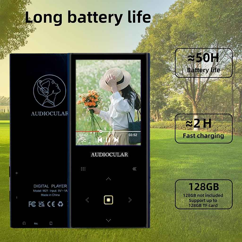 AUDIOCULAR M21 32GB Portable Mp3 Music Player with Bluetooth, 2.4” LCD Touch Screen, Video Playback, Built-in Speaker, Voice Recording Function, Pedometer, Mini Pocket Mp3 Player (32GB - Black)