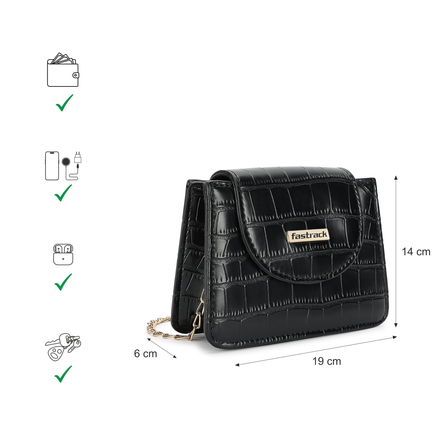 Fastrack Croco Textured Mini Sling Bag for Women, Girls and Ladies | Made of Premium PU | Gold Chain Sling Strap with Button Closure