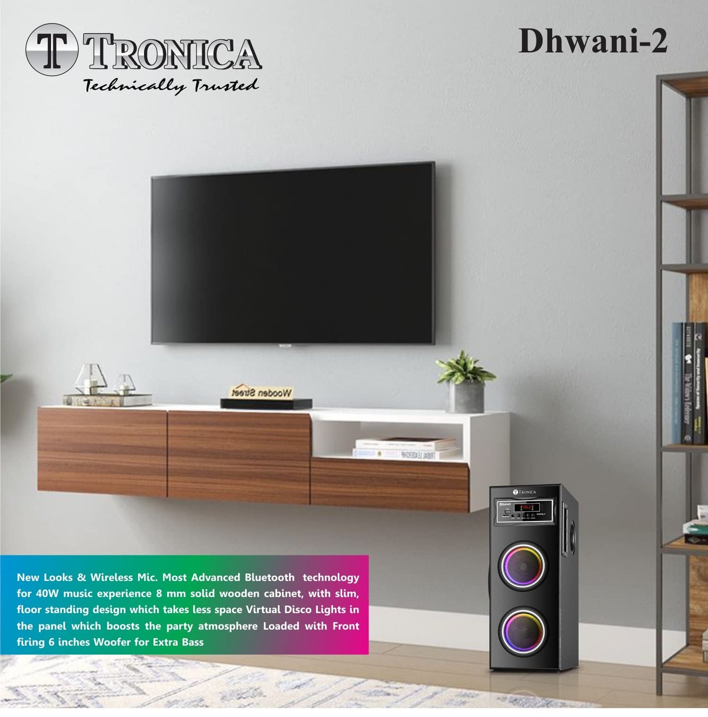 Tronica Dhwani-2 DJ 40W Bluetooth Tower Home Theater System with Free Wireless MIC, Supports Pendrive/SD Card/FM/Aux/TV with Remote