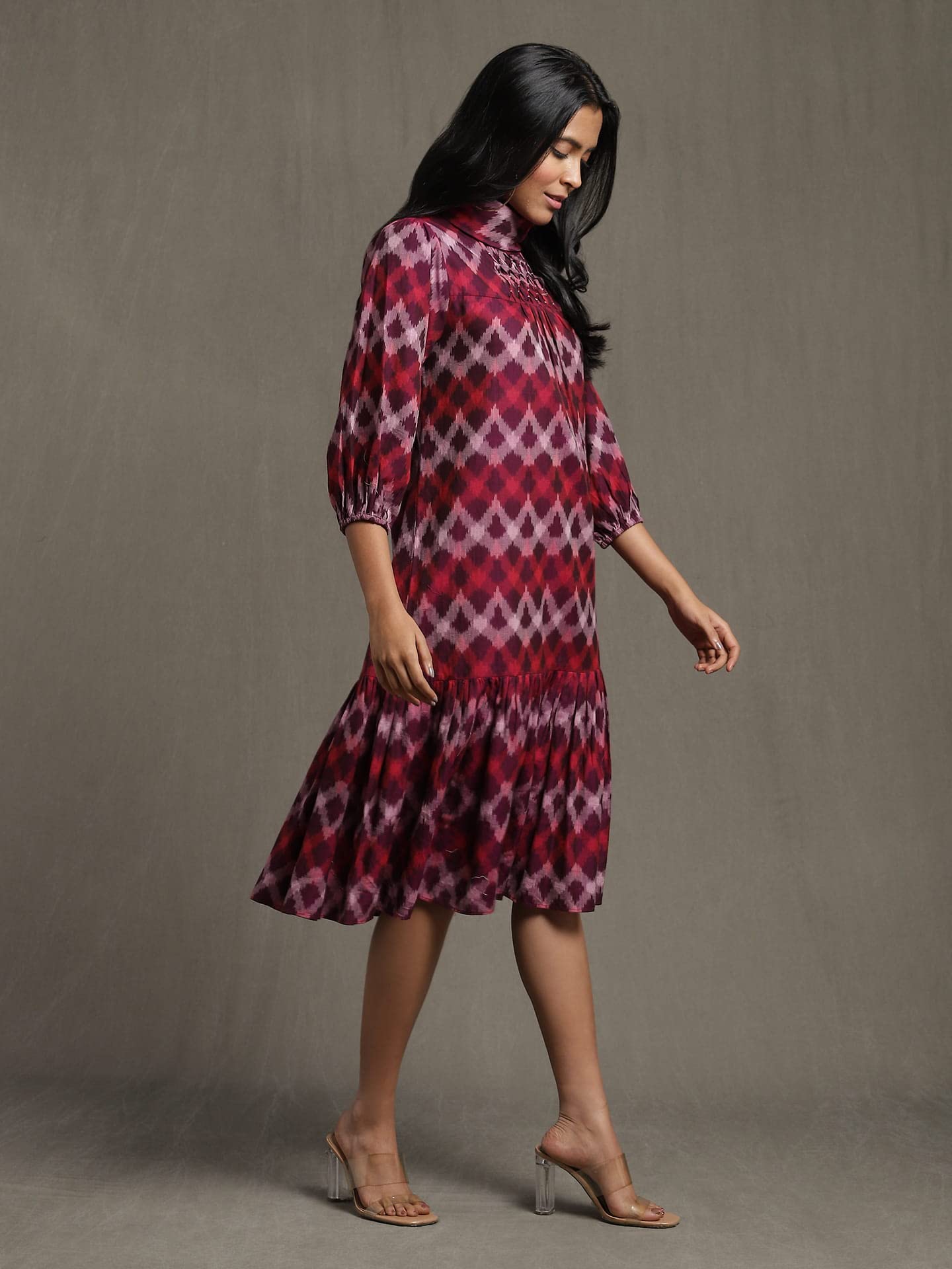 Ritu Kumar Purple Pleated High Neck Midi Dress with Ruffled Hem