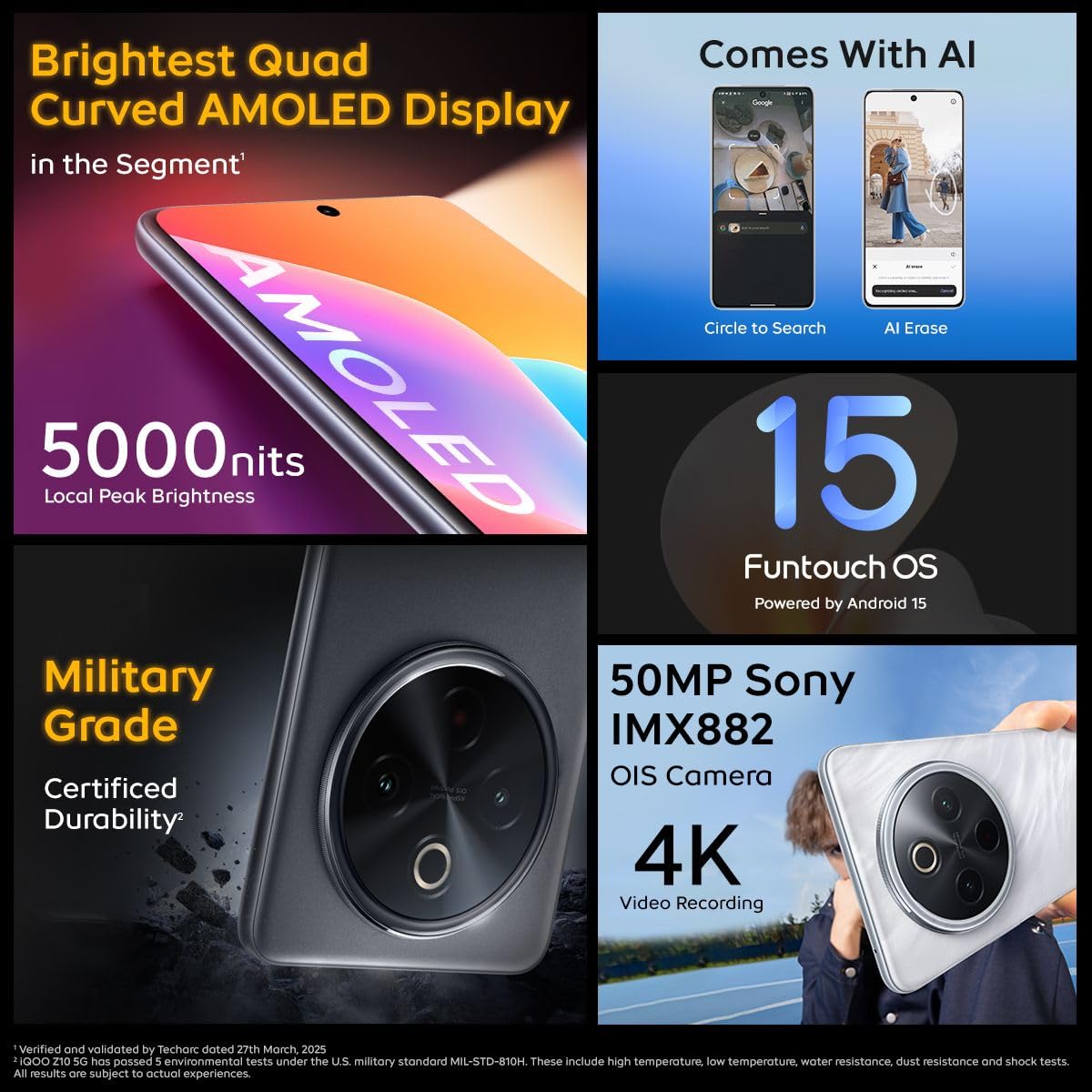 iQOO Z10 5G (Silver, 8GB RAM, 128GB Stroage) | India's Biggest Ever 7300 mAh Battery | Snapdragon 7s Gen 3 Processor | Brightest Quad Curved AMOLED Display in The Segment