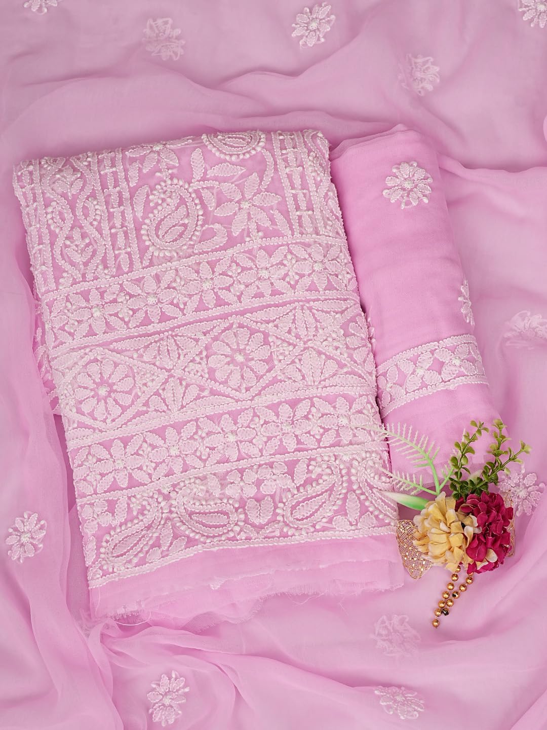 Ada Hand Embroidered Lucknowi Chikankari Unstitched Georgette Dress Material Suit Piece with Dupatta for Women 01A873528 Pink