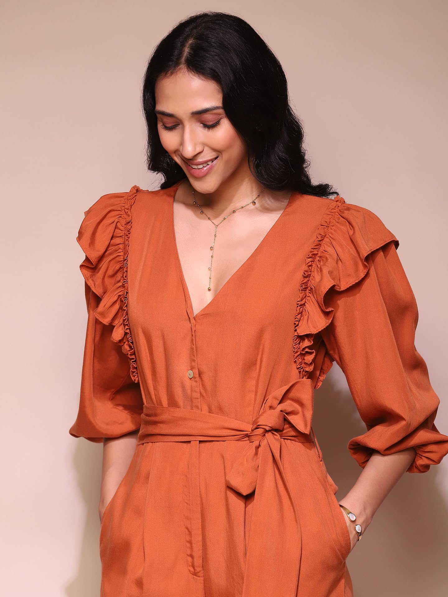 Label RITU KUMAR Rust Ruffle Jumpsuit