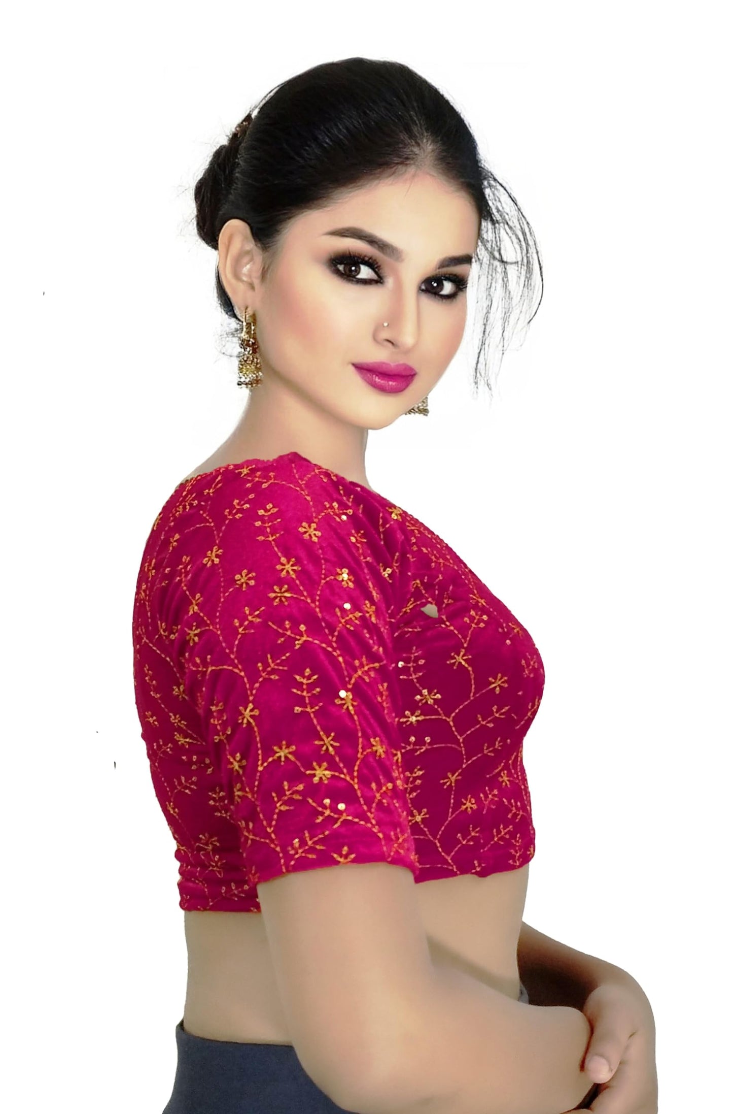 PU Fashion Embroided Readymade Streatchable Stylish Blouse, Spandex Half Sleeve For Women's Pink Size 36"