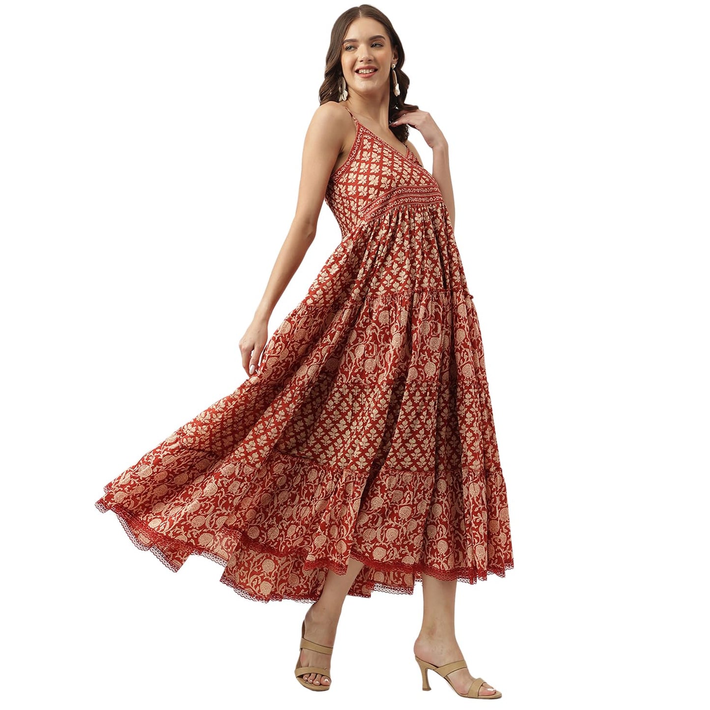 Divena Maroon Floral Printed Cotton Tiered Dress