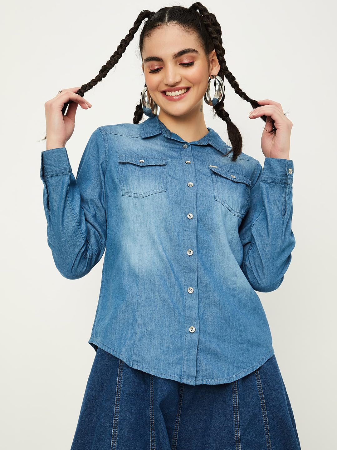 Max Women Washed Denim Shirt (ATTICUS1DMID Blue)_XS