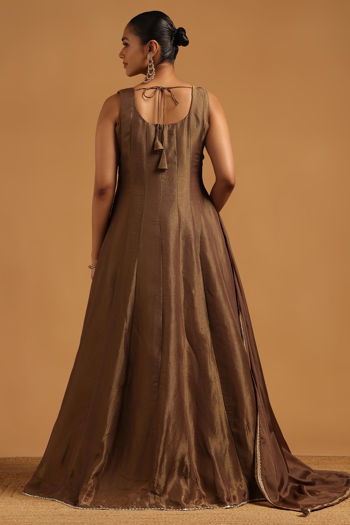 Soch Womens Olive Tissue Floral Gown with Beads and Stones