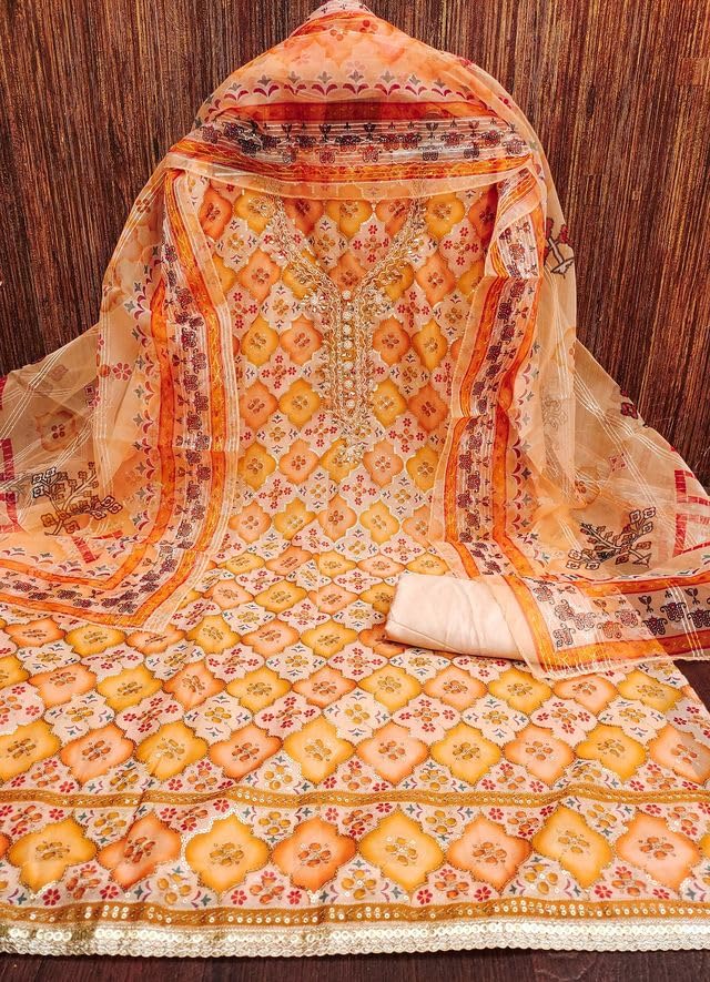 VARNI FABRICS Organza Dress Material for Women Ikat Pattern Unstitched Woman Salwar Suit Dress Material with Organza Dupatta Mustard Yellow