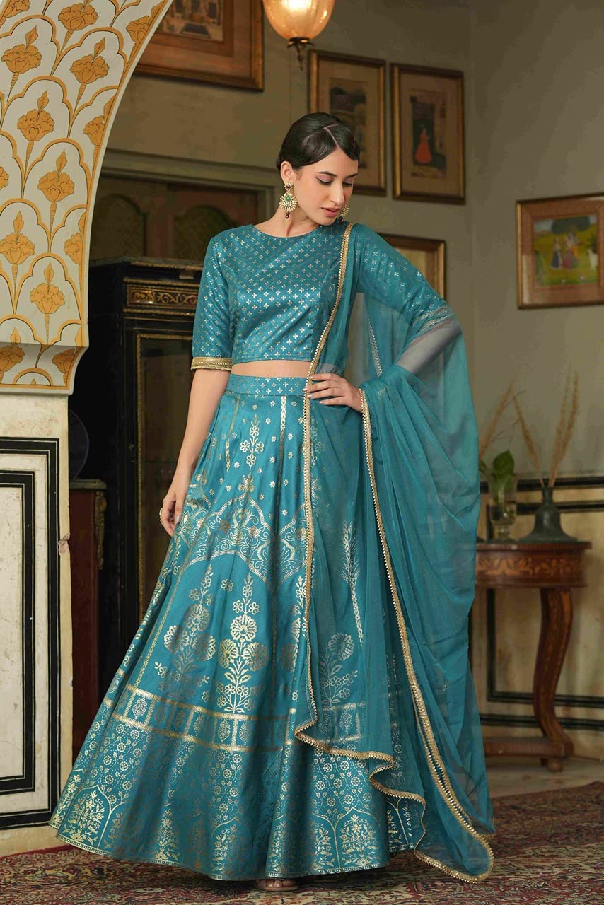 Juniper Women's Teal Santoon Slub Festive Foil Printed Straight Lehnga Choli Set -XXL