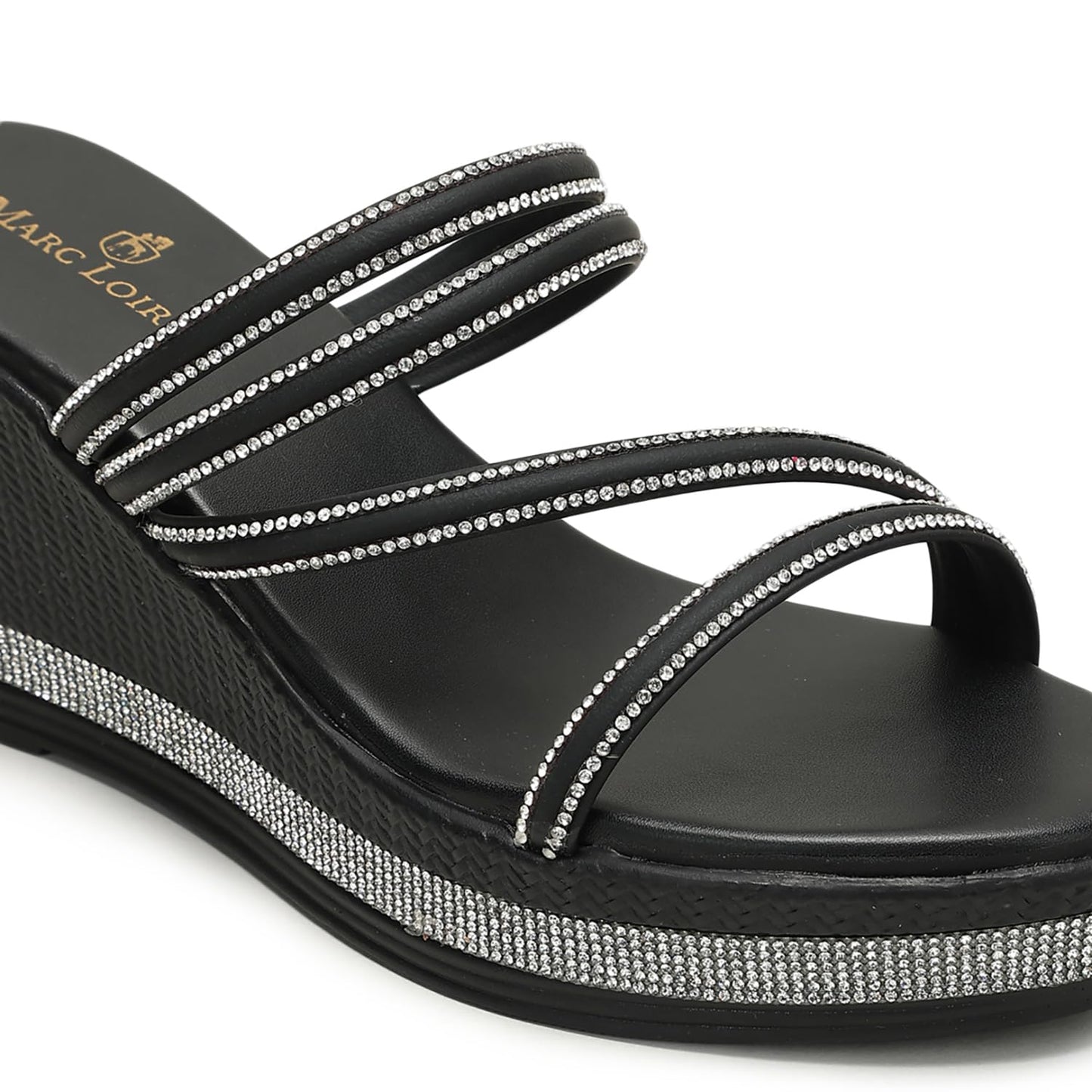 Marc Loire Women Embellished Wedge Heels | Stylish Slip-On Fashion Sandals with Comfortable Sole (Black, UK Footwear Size System, Adult, Women, Numeric, Medium, 5)
