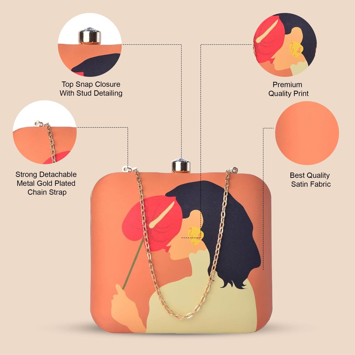 Artklim Vibrant Orange Colour Shy Woman Portrait Clutch Bag For Women With Detachable Starp