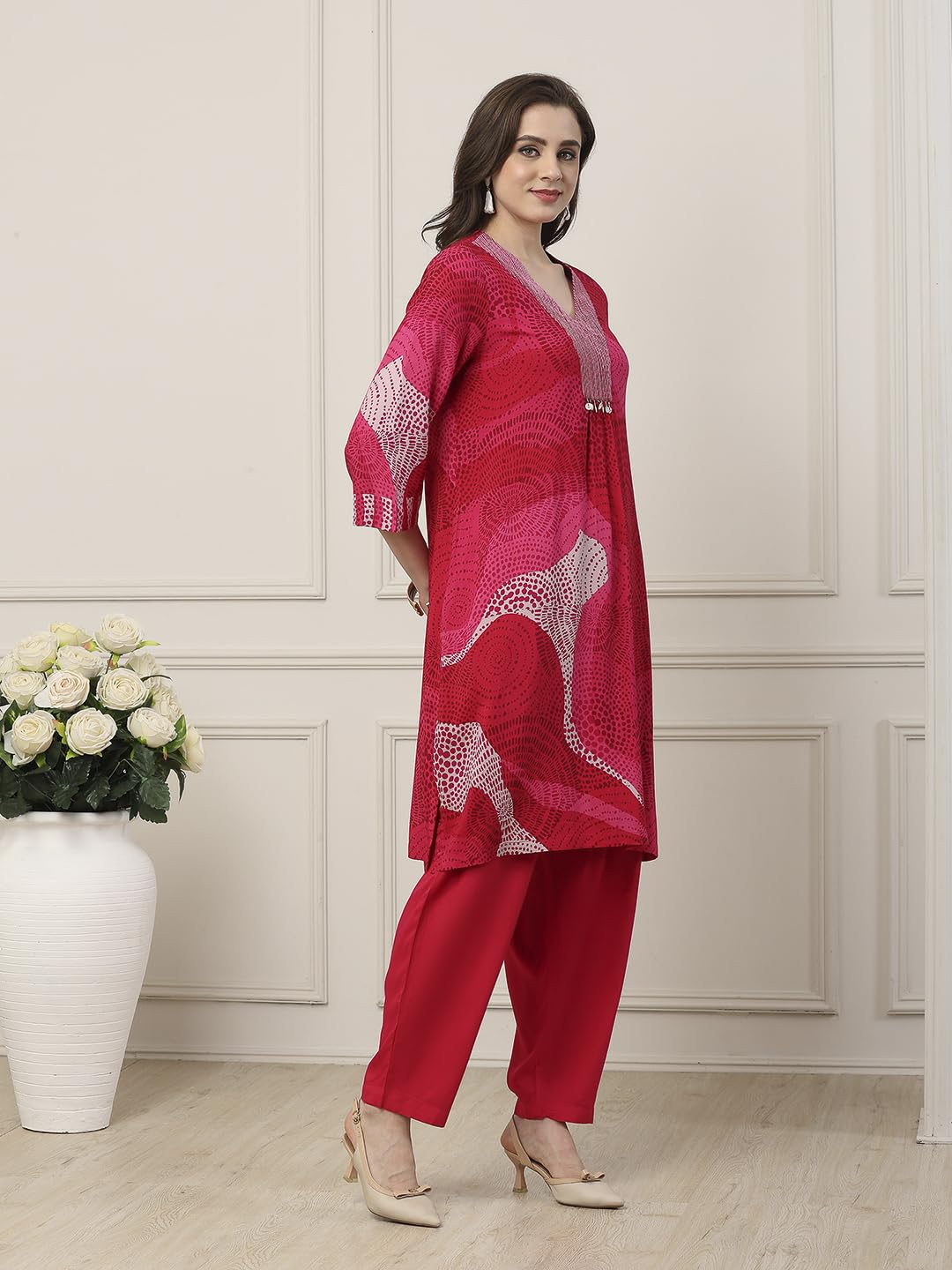 Biba Women Pink Viscose Rayon Straight Suit Set_34