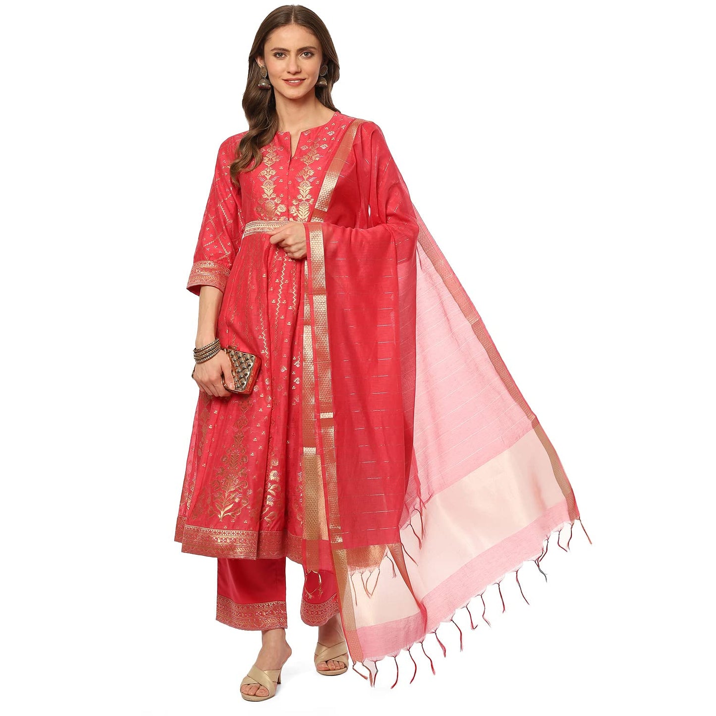BIBA WOMEN YARNDYED NARROW SALWAR KURTA DUPATTA(SKDBANARAS8136_FUCHSIA_36)