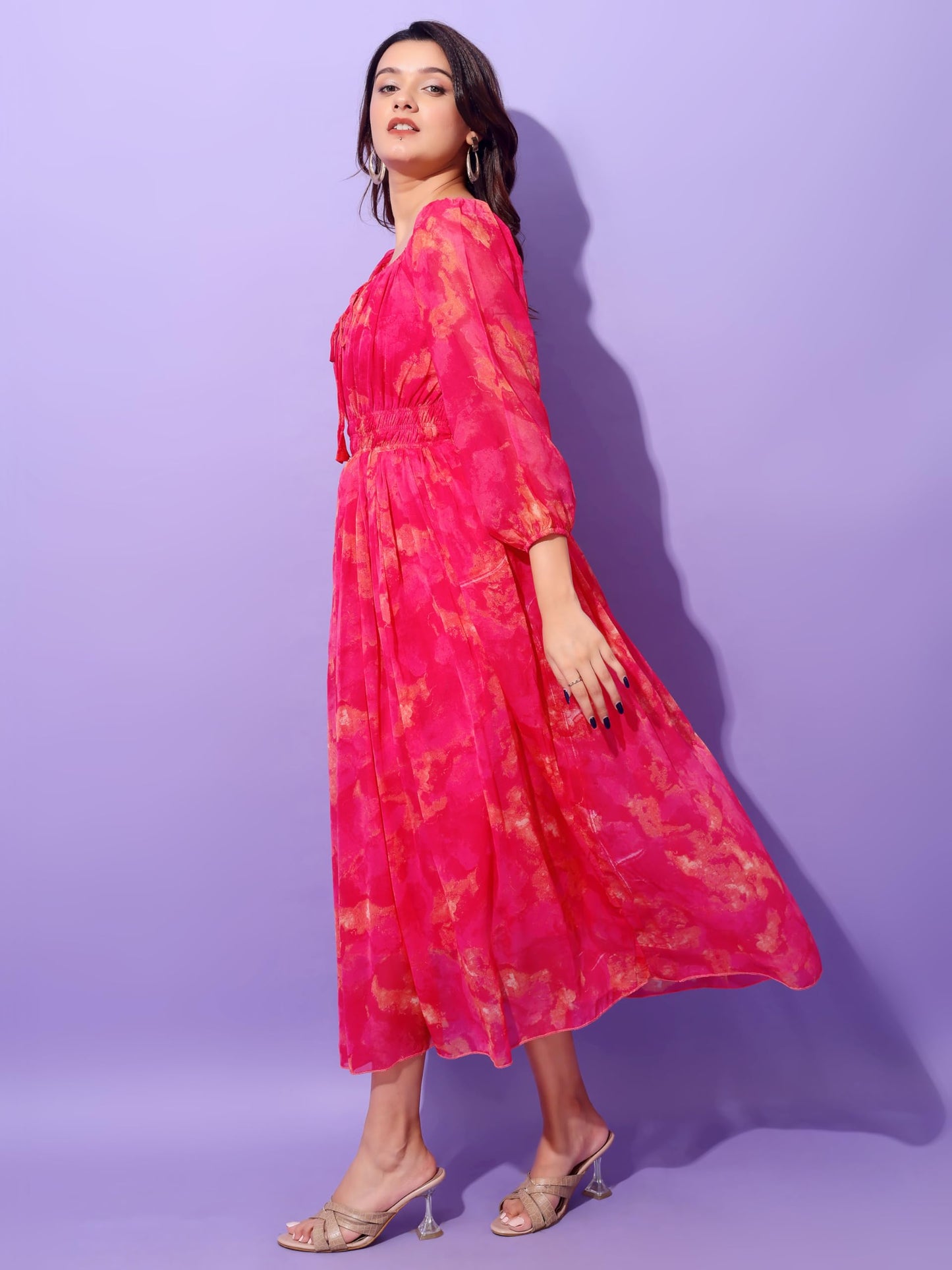Attire Empire Women Printed Fit and Flare Dress Pink