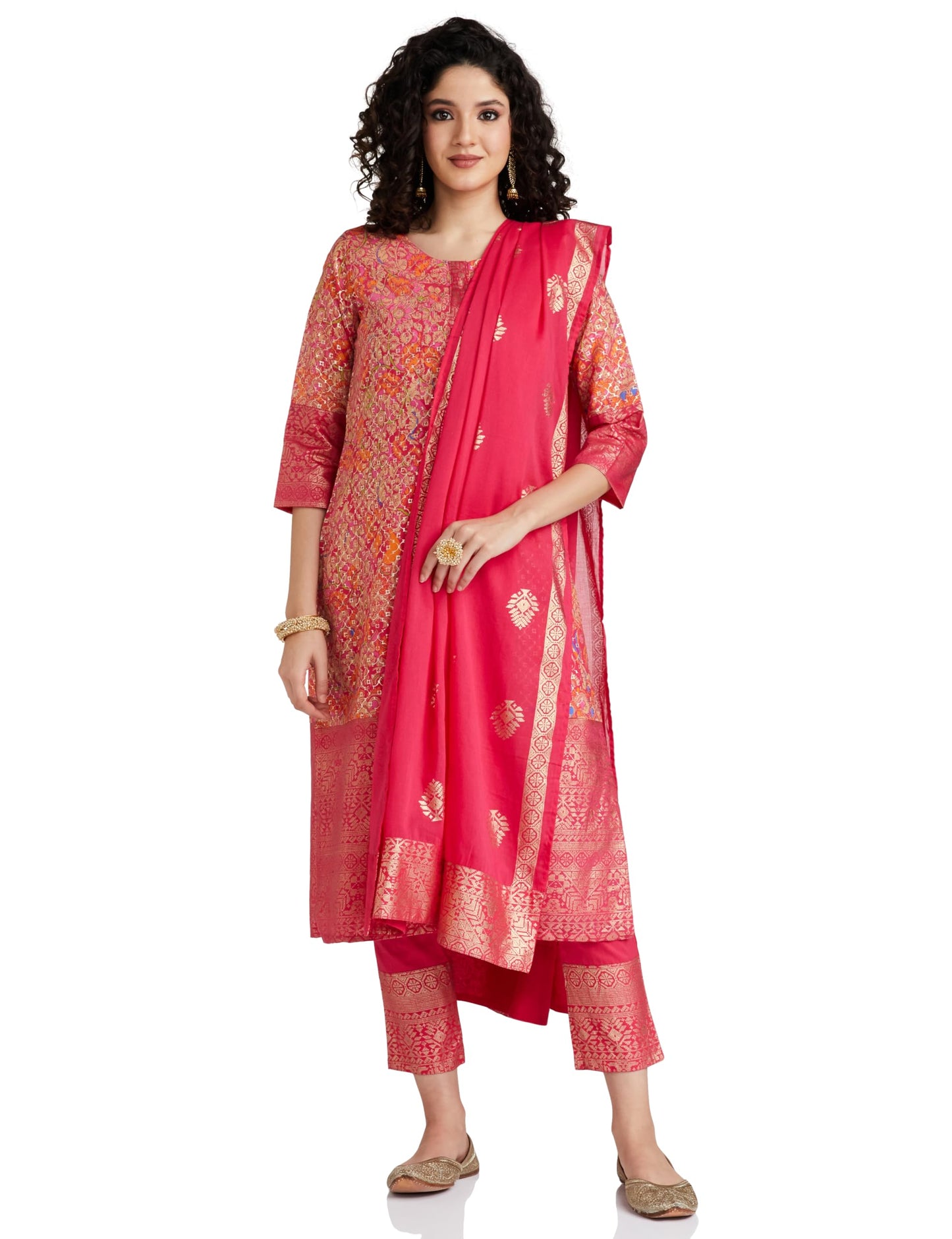 BIBA Polyester Women's Printed Straight Salwar Kurta Dupatta(Skdassorted7566E_Fuchsia_34)