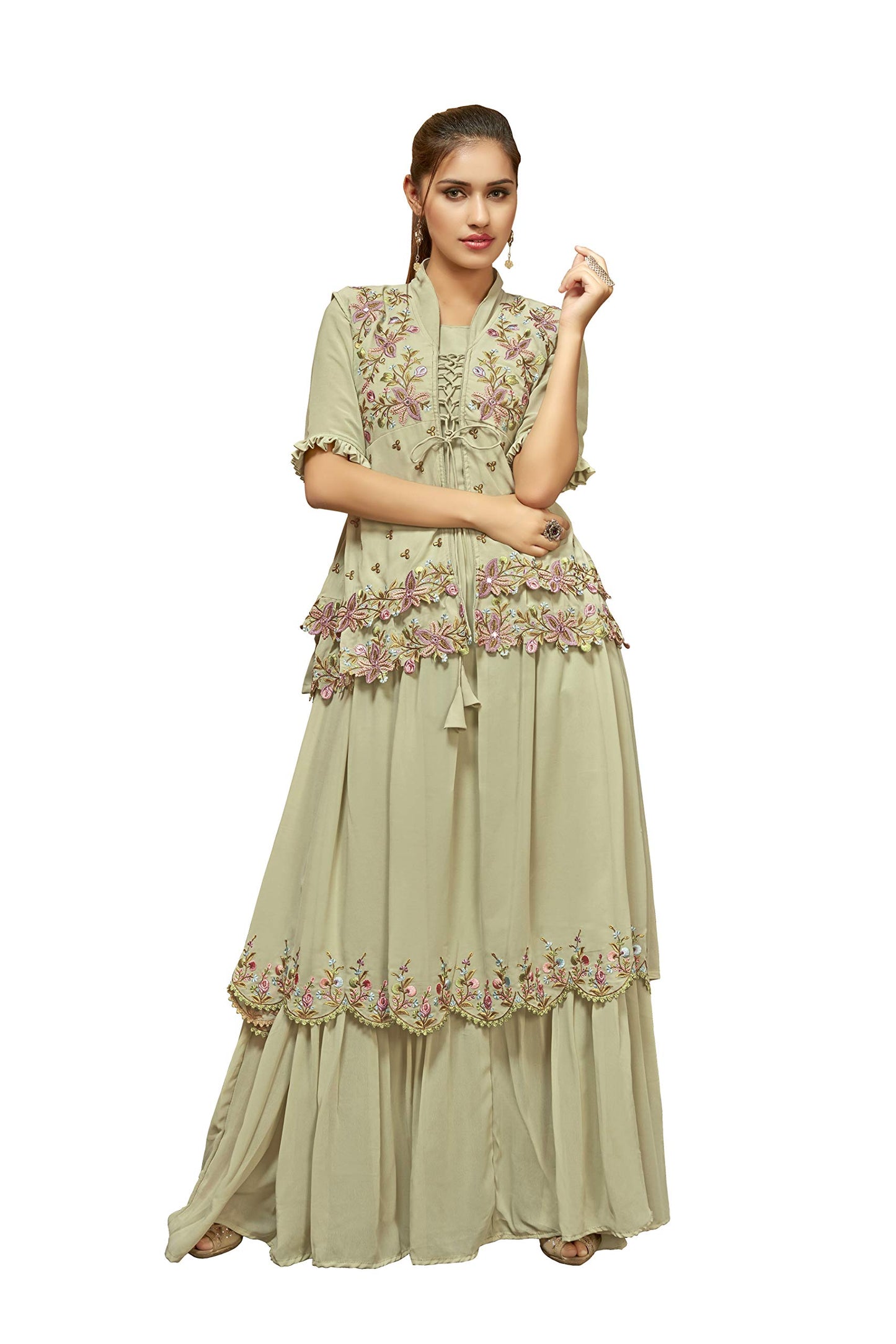 Shampysky Women’s Green Faux Georgette Embroidered Flared Gown with Jacket and Dupatta | Stitched | Half Sleeves (SSW-1004-Green-XXL)