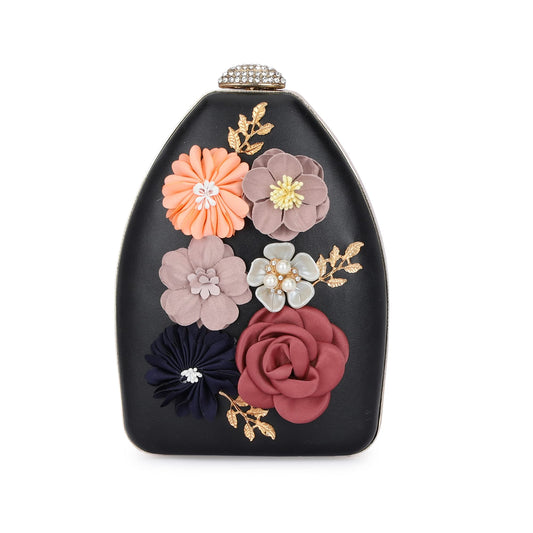 TOOBA Handicraft Beautiful Flower Box Clutch Bag Purse for Bridal, Casual, Wedding Bag for Women & Girls (Black)