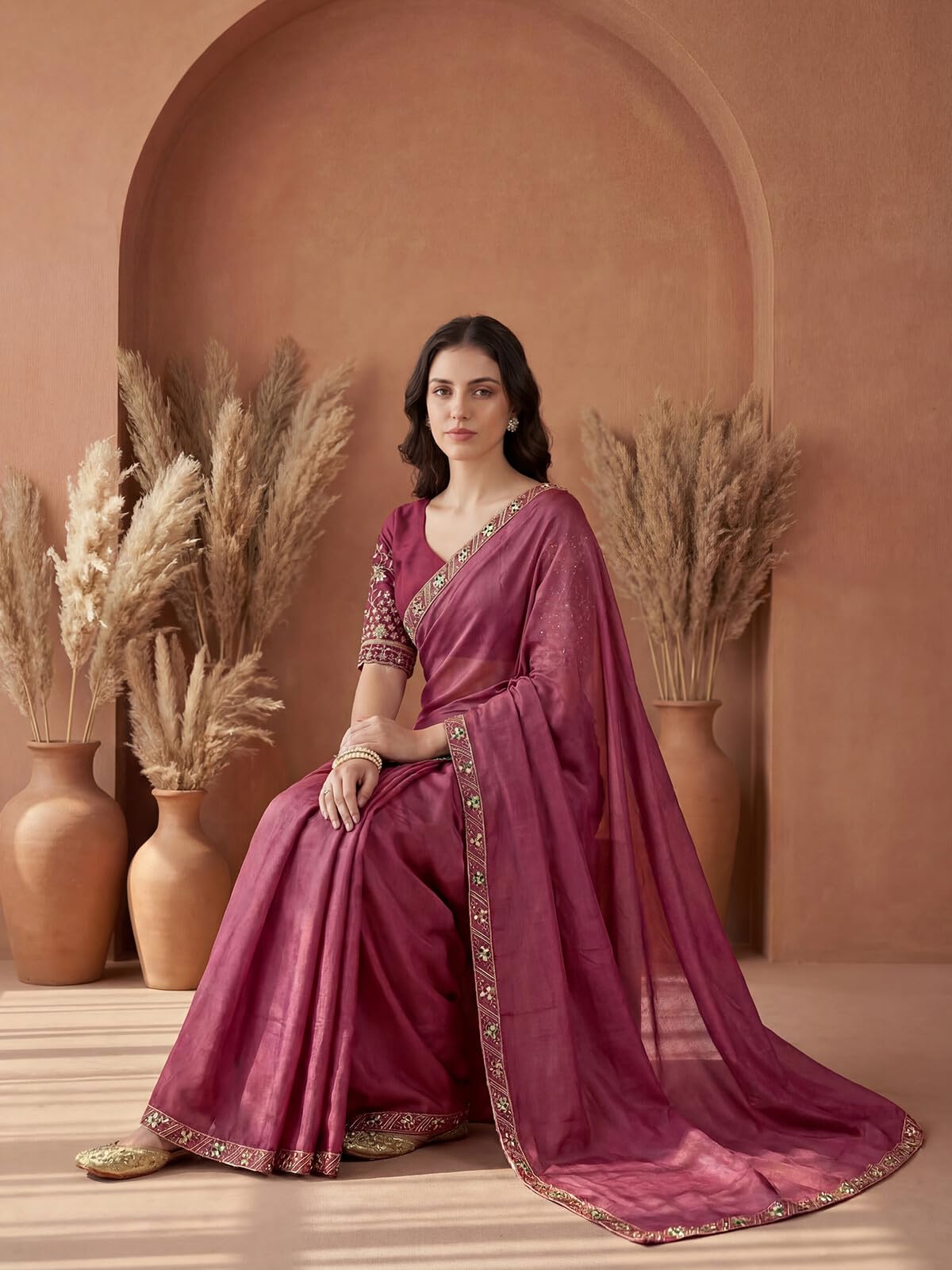 SIRIL Women's Shimmer Georgette Embroidery Saree with Unstitched Blouse Piece (4999S764A_Dusty Rose Pink)