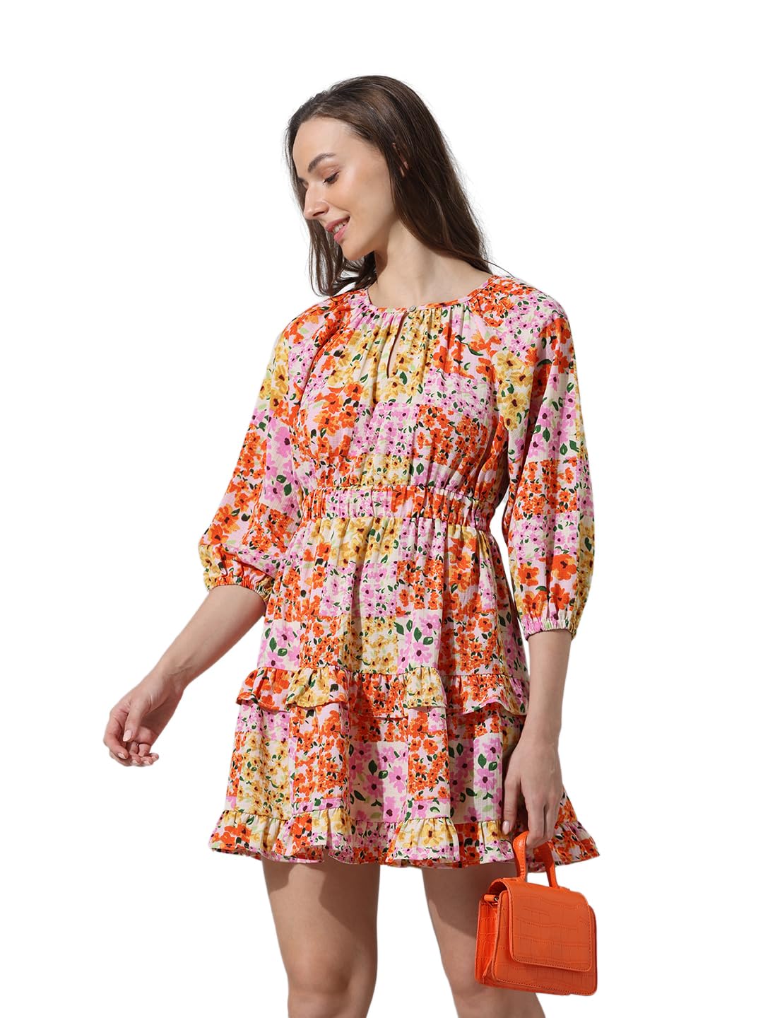 ONLY Women Printed Polyester Above Knee Multicolor Tiered Dress