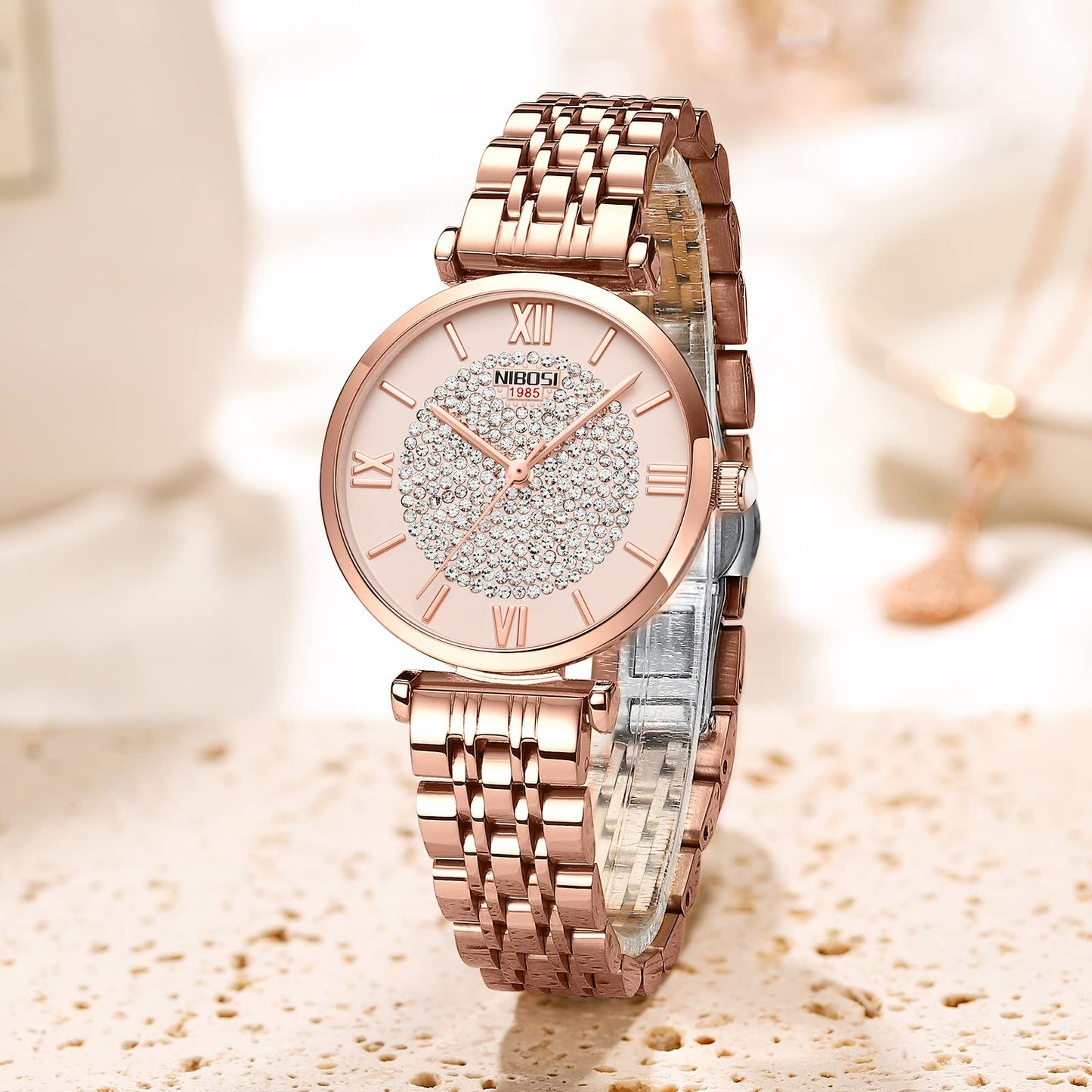 NIBOSI Stainless Steel Women's Analogue Wrist Watch - Rose Gold Dial With Stylish Diamond Studded Design for Girls, Ladies & Miss