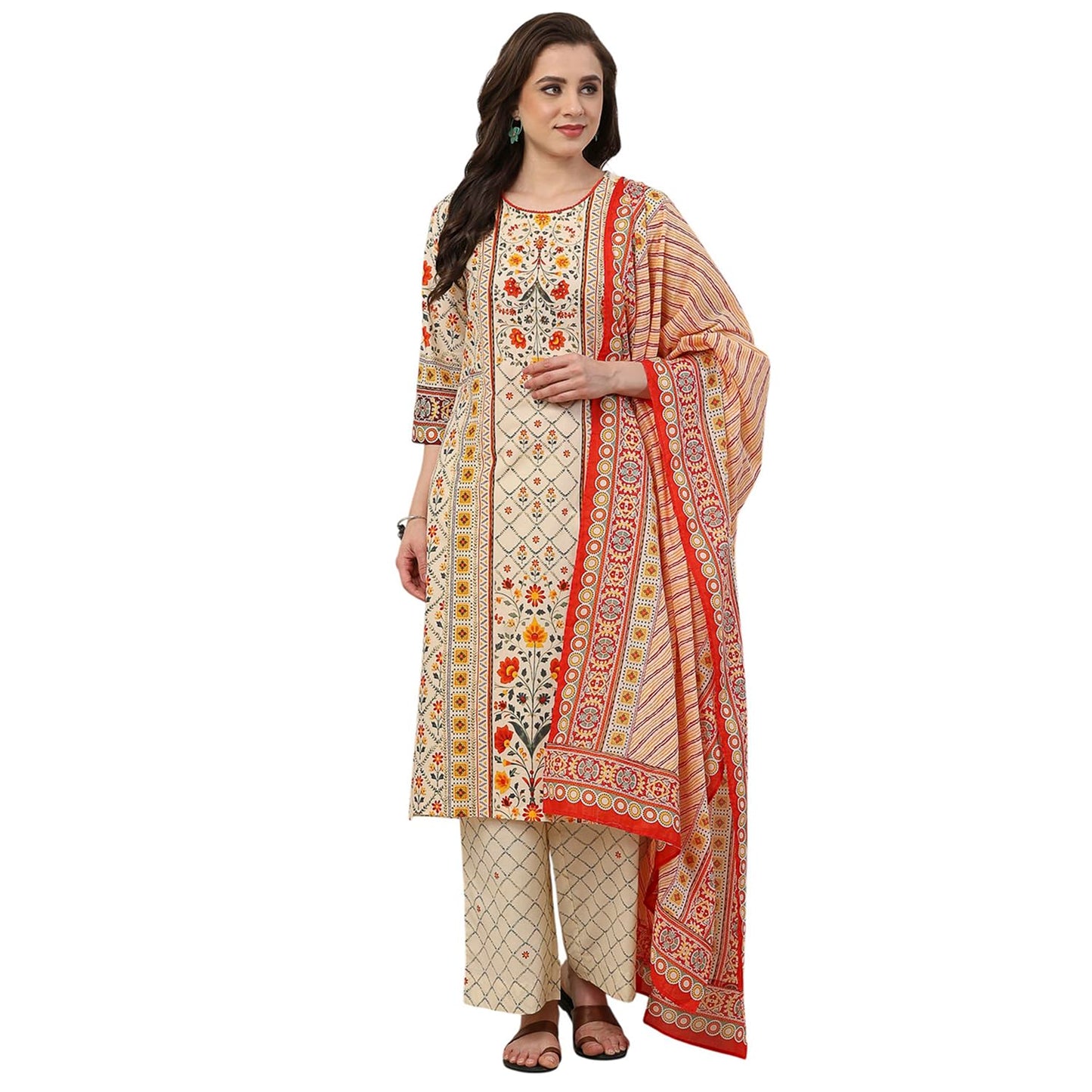 Biba Women Beige Cotton Straight Suit Set_32