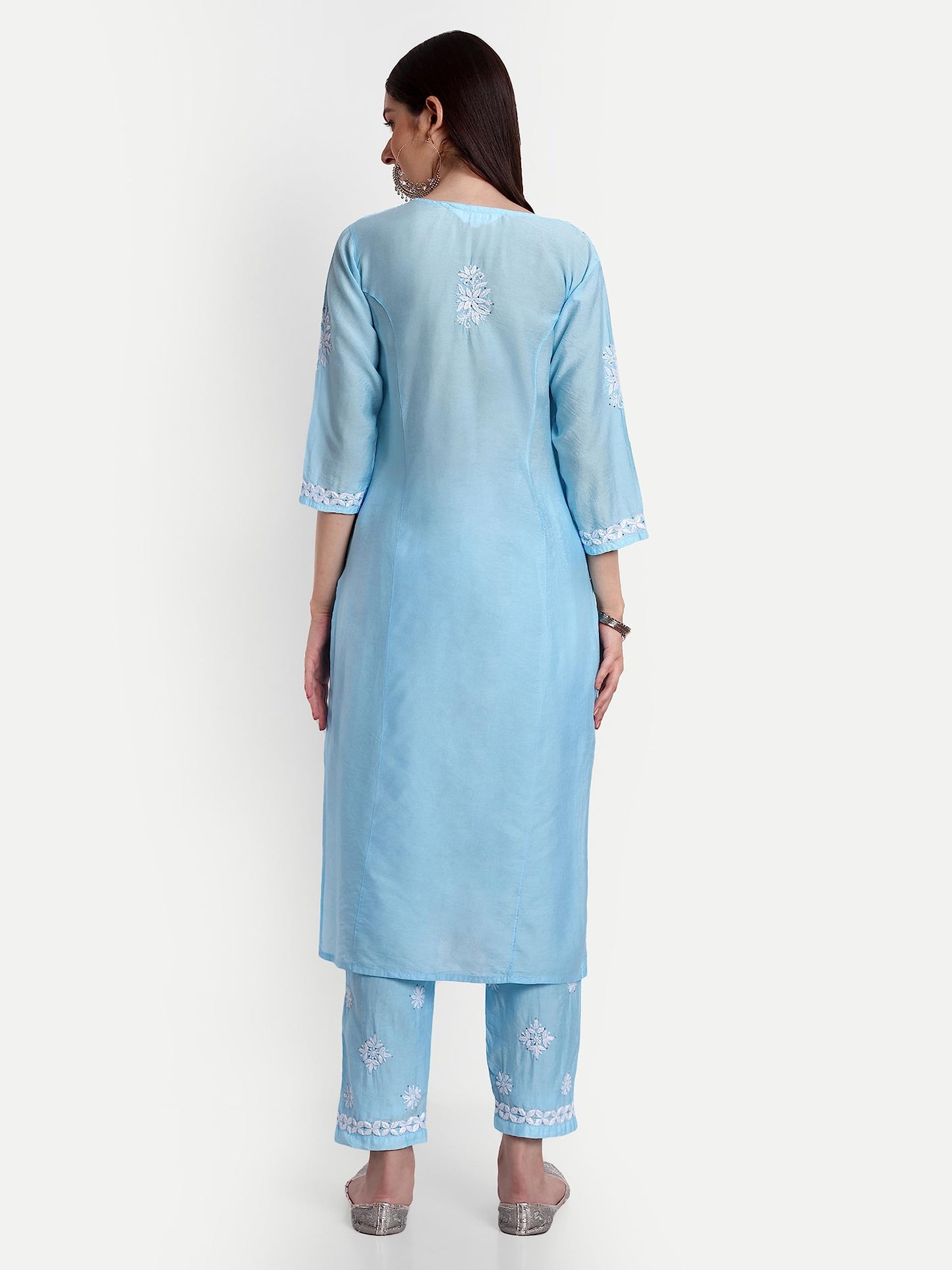 indiankala4u Lucknowi Chikankari Hand Embroidered Mukaish Work Kurta Palazzo Set Chanderi Silk Sky Blue
