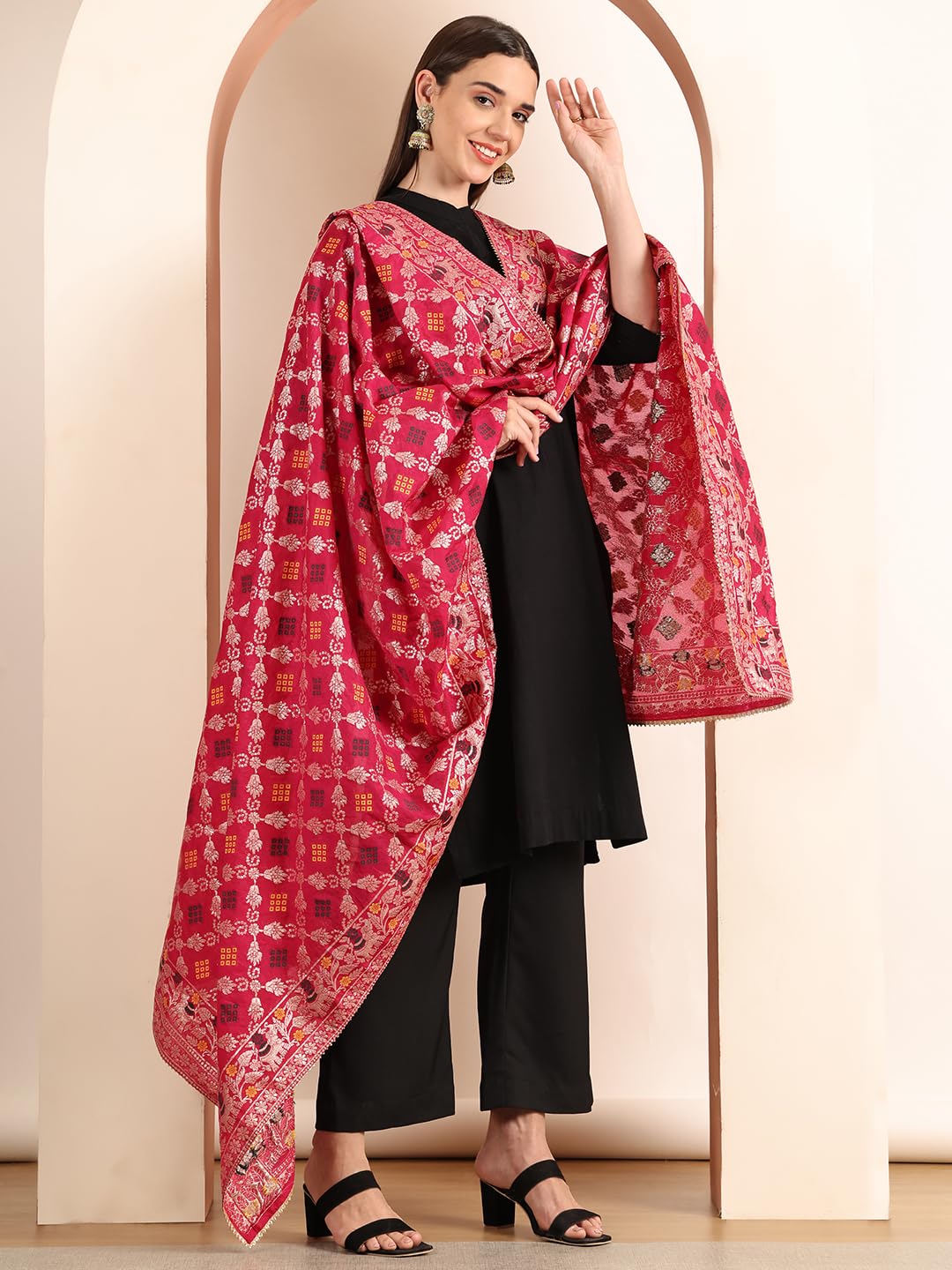 JABAMA Women's Banarasi Silk Bandhej Dupatta | Hand Tie-Dye Traditional Ethnic Dupatta